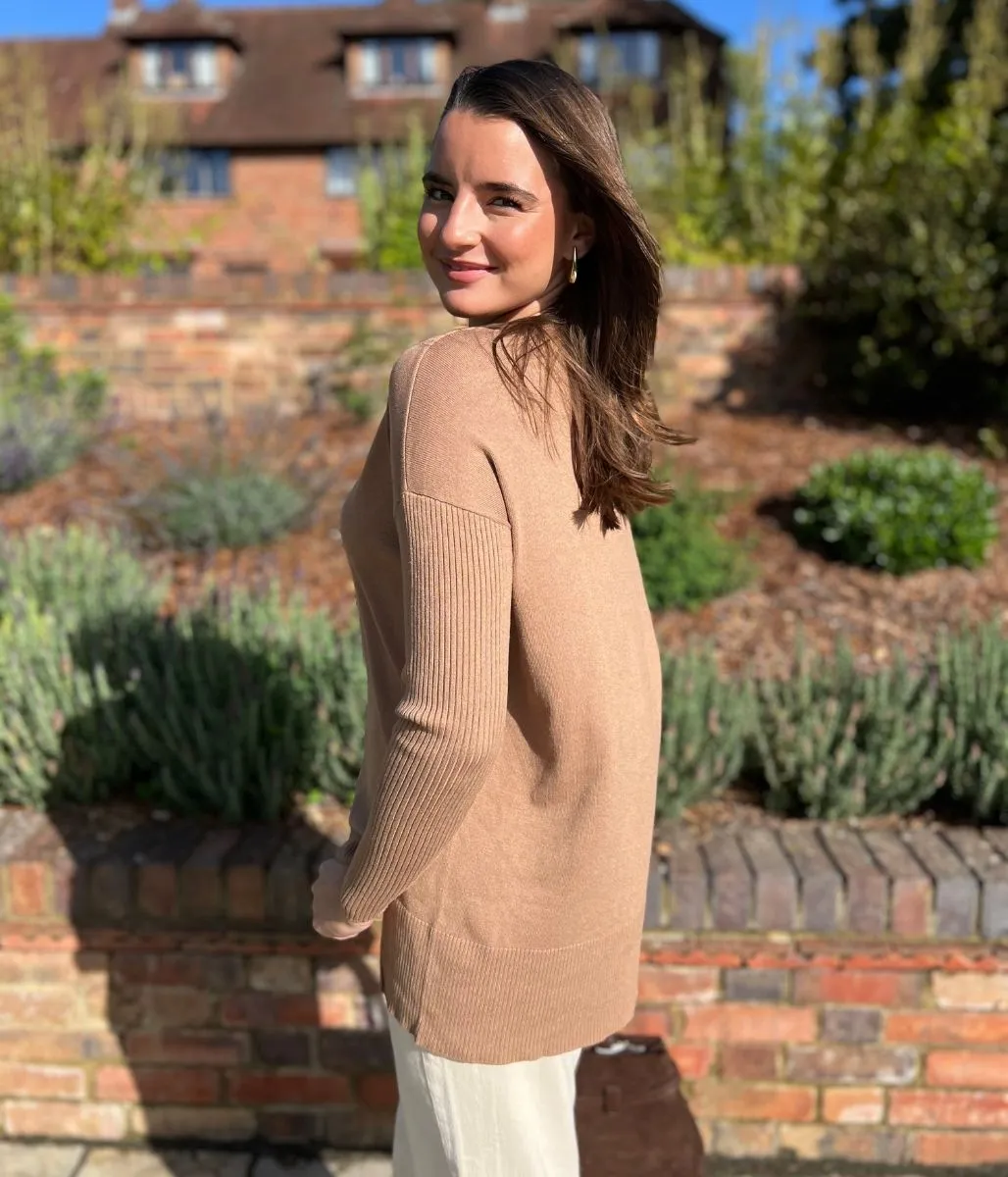 Soft and Cozy Stretchy Waistband Caramel Fine Knit V Neck Tunic Jumper