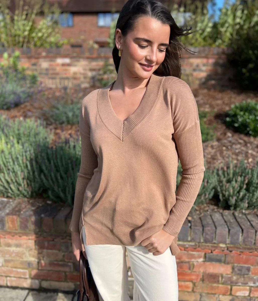Caramel Fine Knit V Neck Tunic Jumper Casual Chic Look