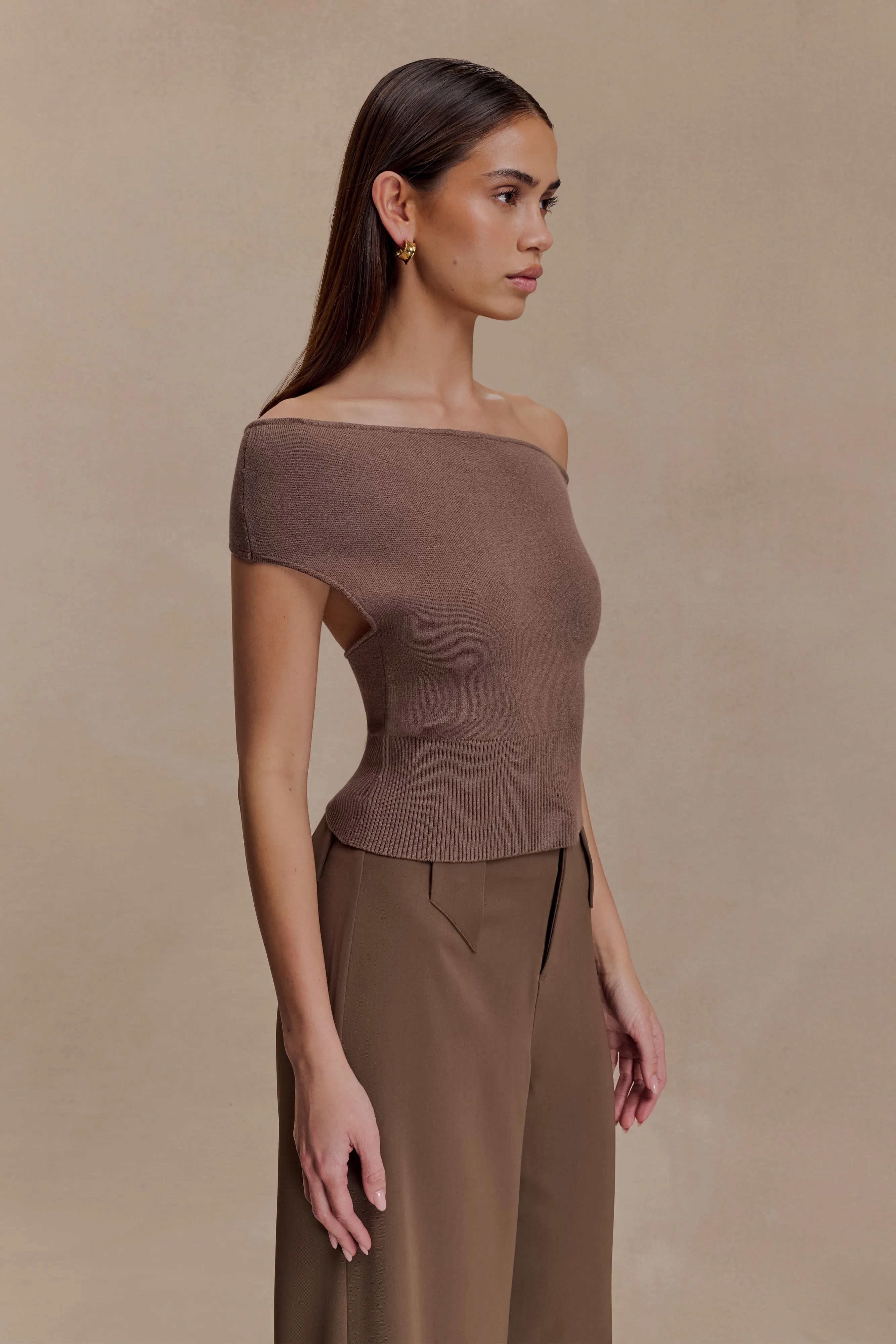 Carley Off Shoulder Knit Top - Cacao Brown RibbedHemline NonIrritating