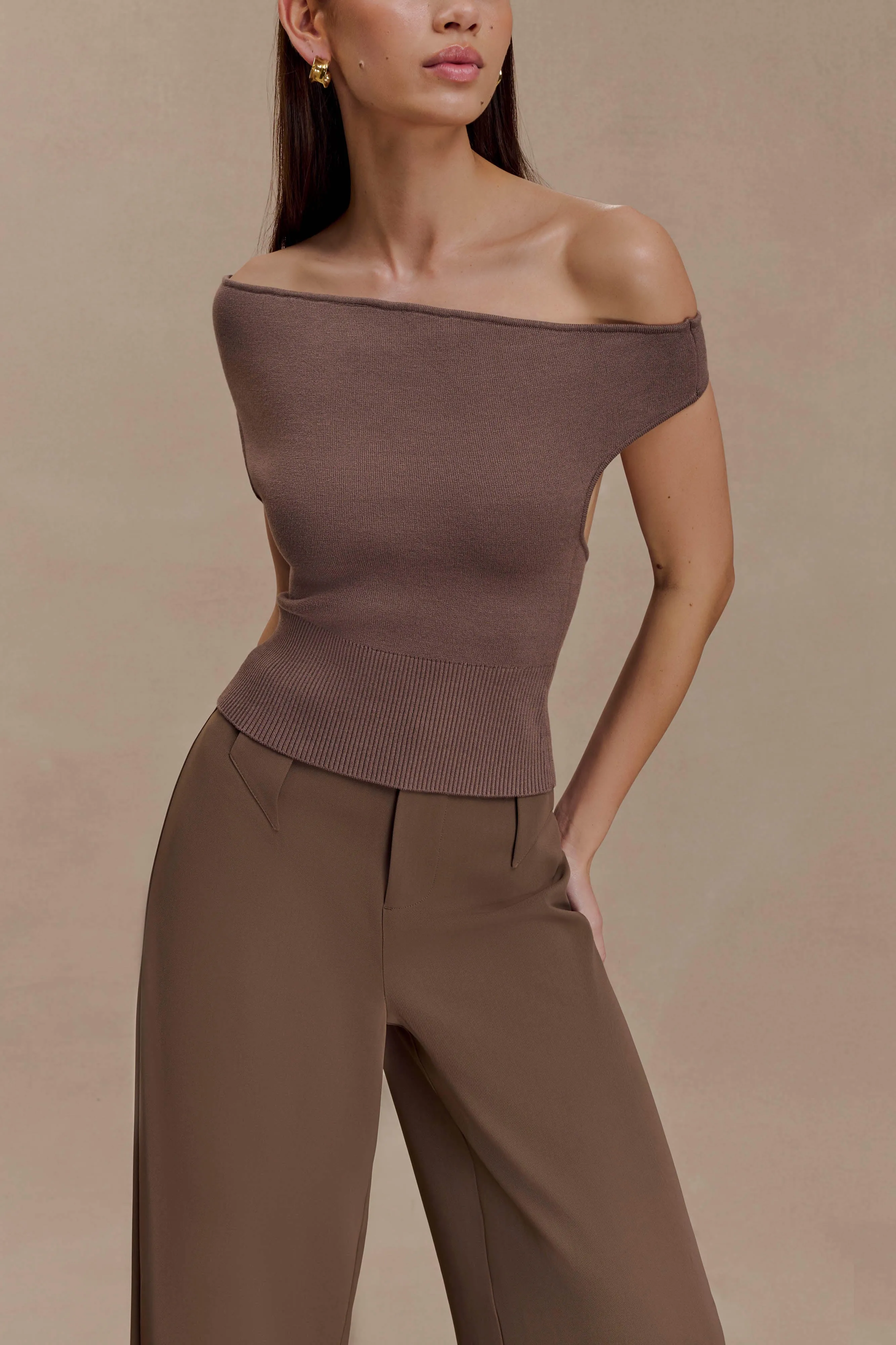 ReflectiveAccents Chic Sweater Carley Off Shoulder Knit Top - Cacao Brown