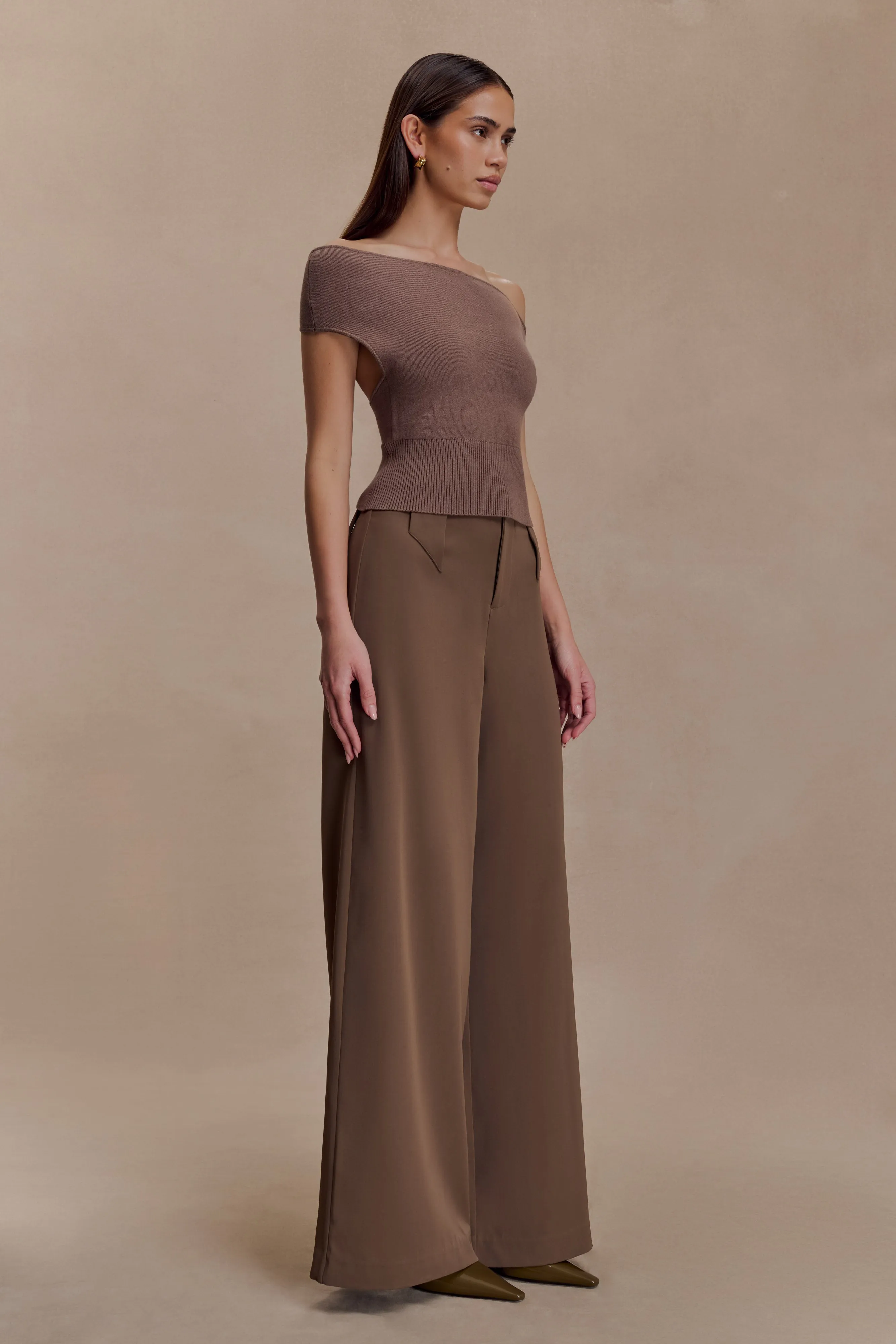 Carley Off Shoulder Knit Top - Cacao Brown MicrofiberTech OdorControl Technology
