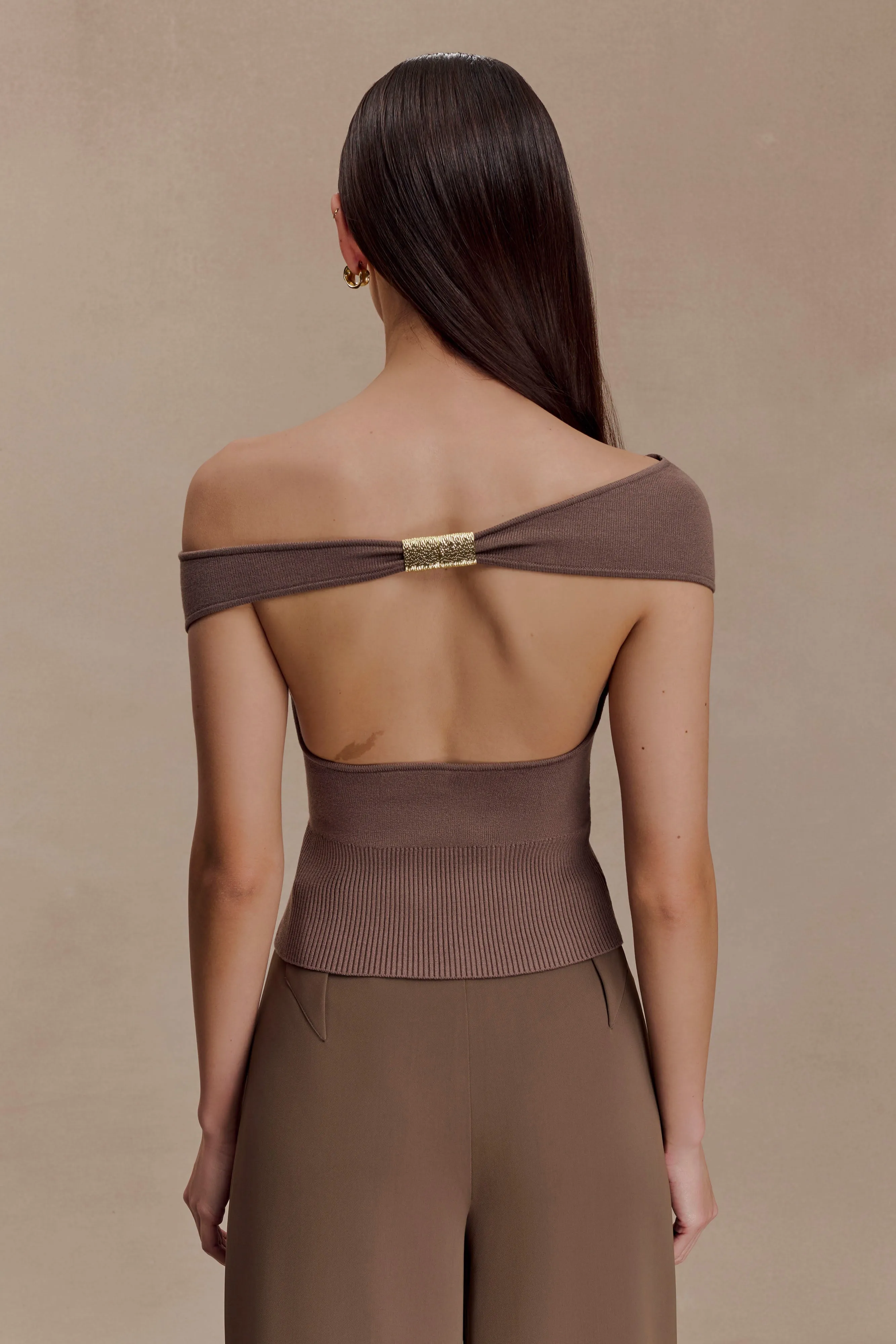 Carley Off Shoulder Knit Top - Cacao Brown Tailored Silhouette Wrinkle Resistant Texture
