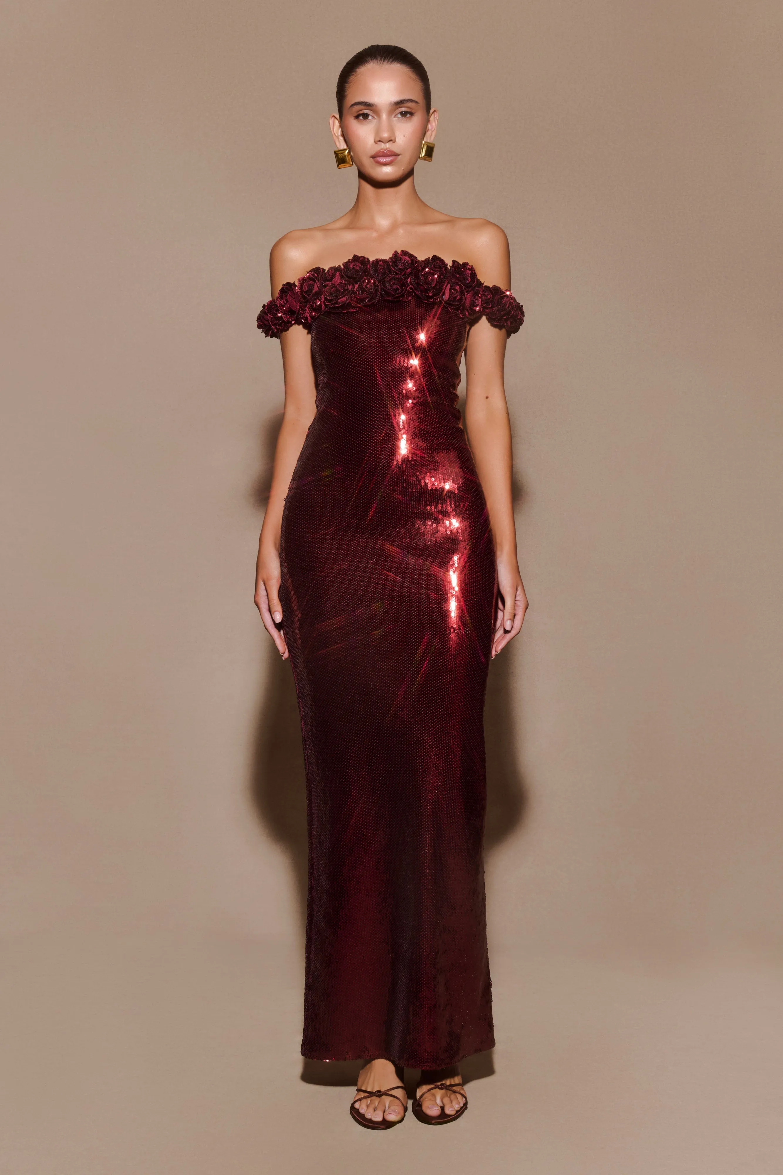 Hot Now Carrie Sequin Rose Maxi Dress - Mahogany