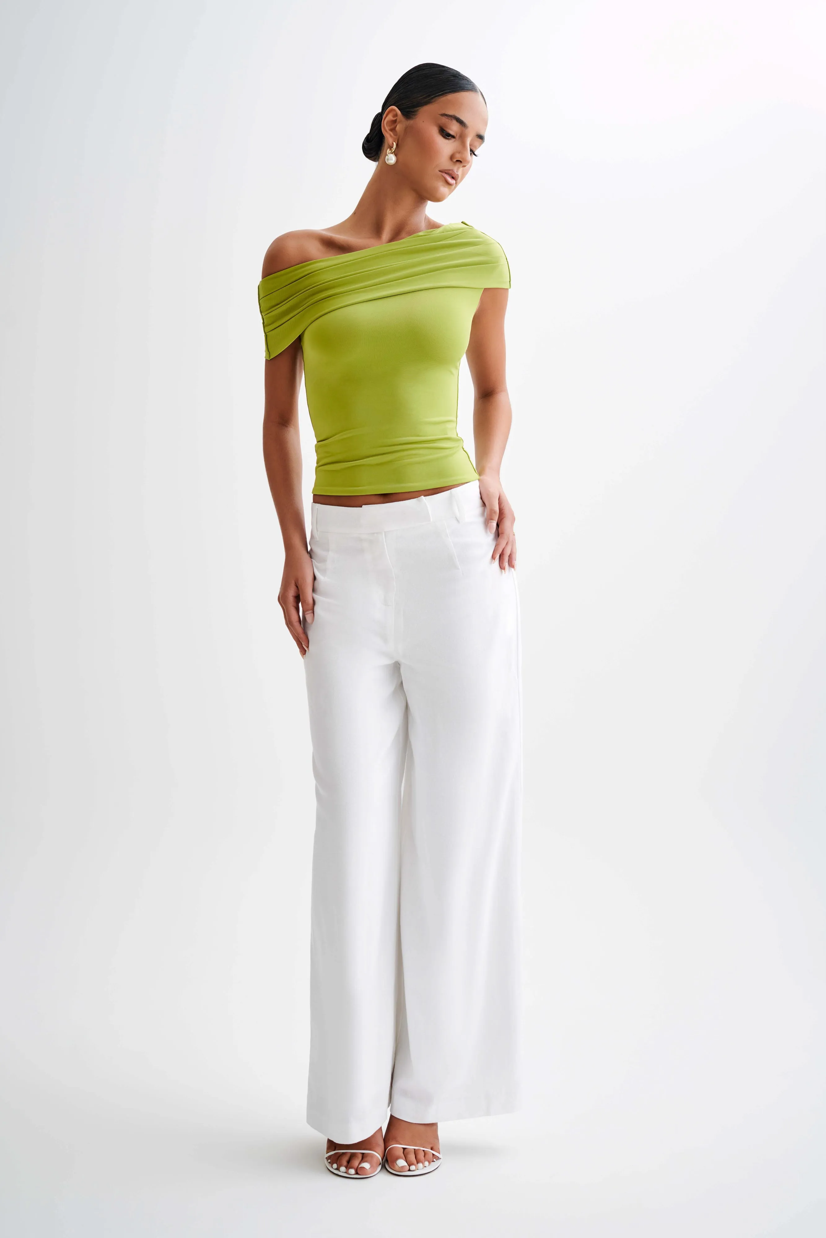 Cassandra Off Shoulder Slinky Top - Apple Fitted Shirt