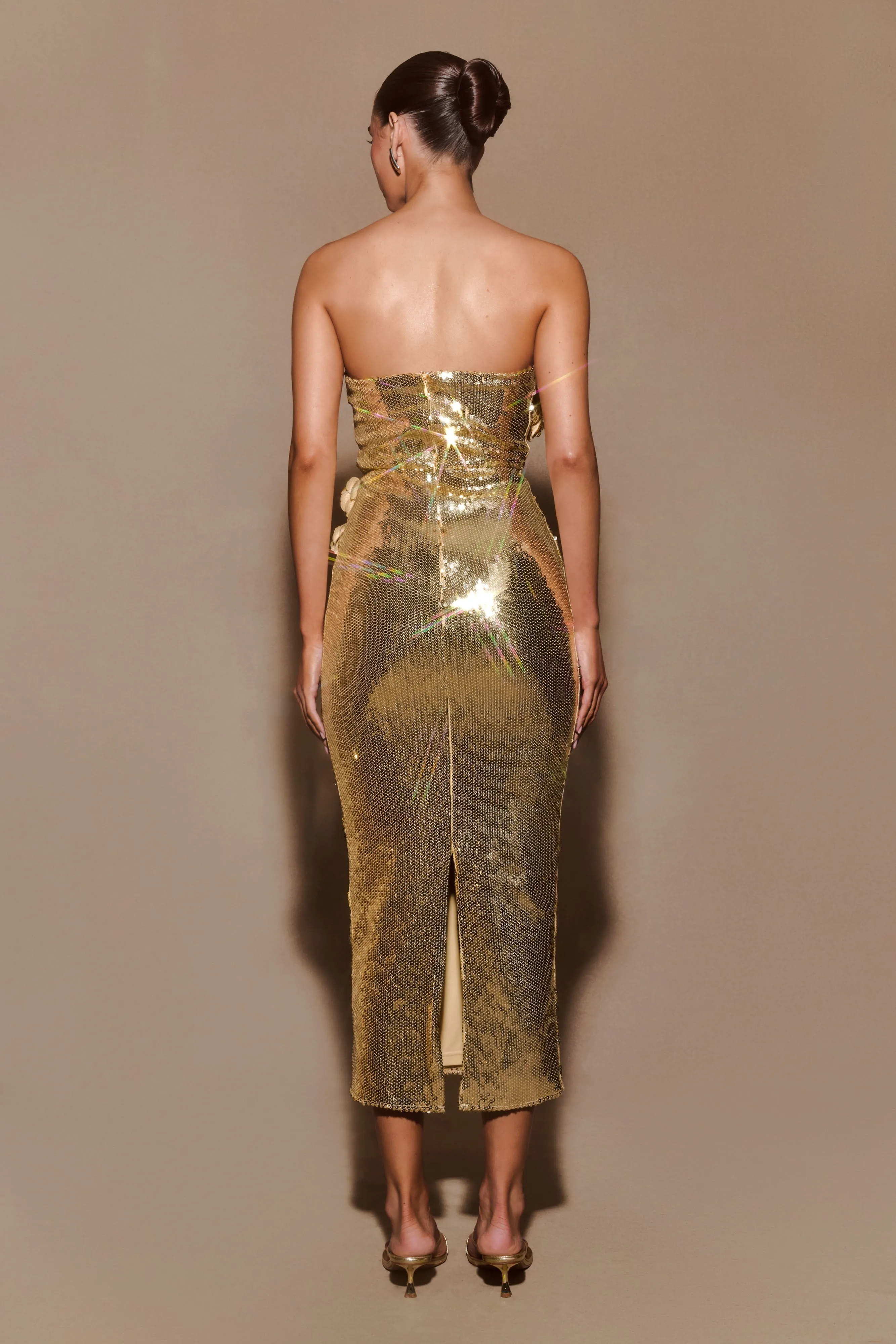 Chic Rhythm Cassia Strapless Sequin Rose Midi Dress - Gold