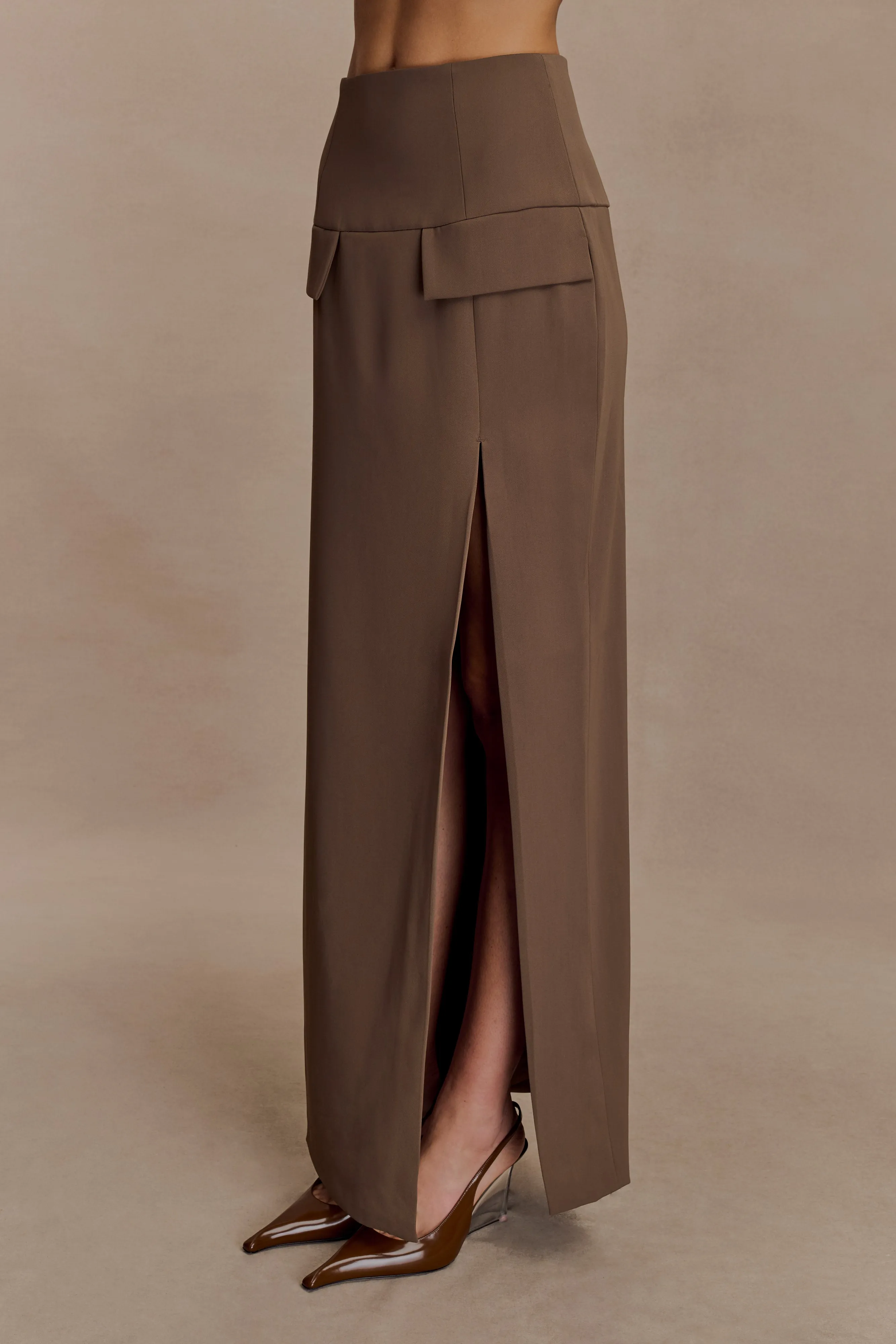 Flared bottom Cassie Column Maxi Skirt - Cacao Brown