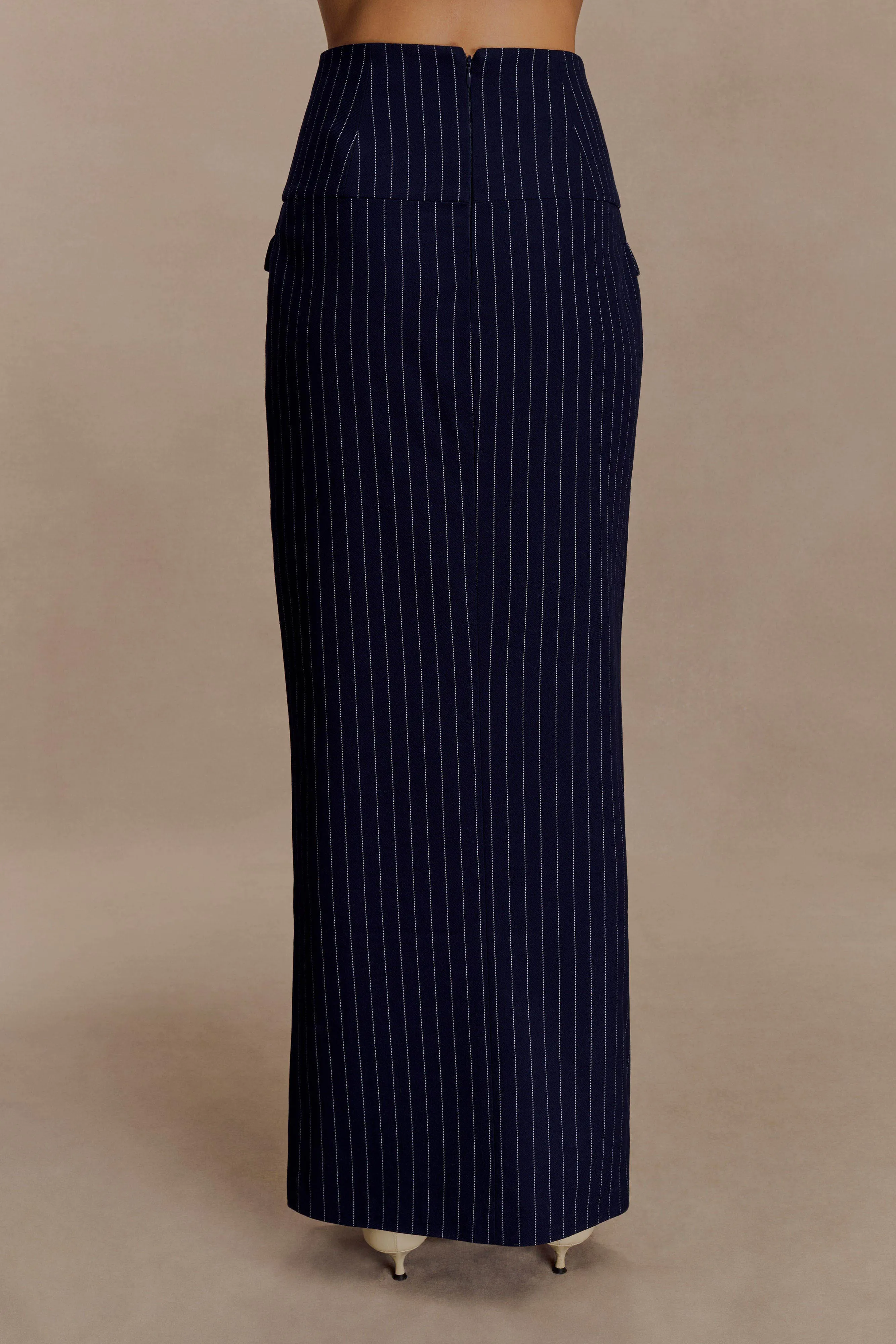 Cassie Column Maxi Skirt - Navy Pinstripe Water Repellent No Chafe