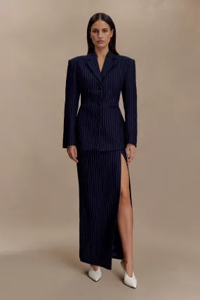 Cassie Column Maxi Skirt - Navy Pinstripe ThermalInsulation Tight Fit