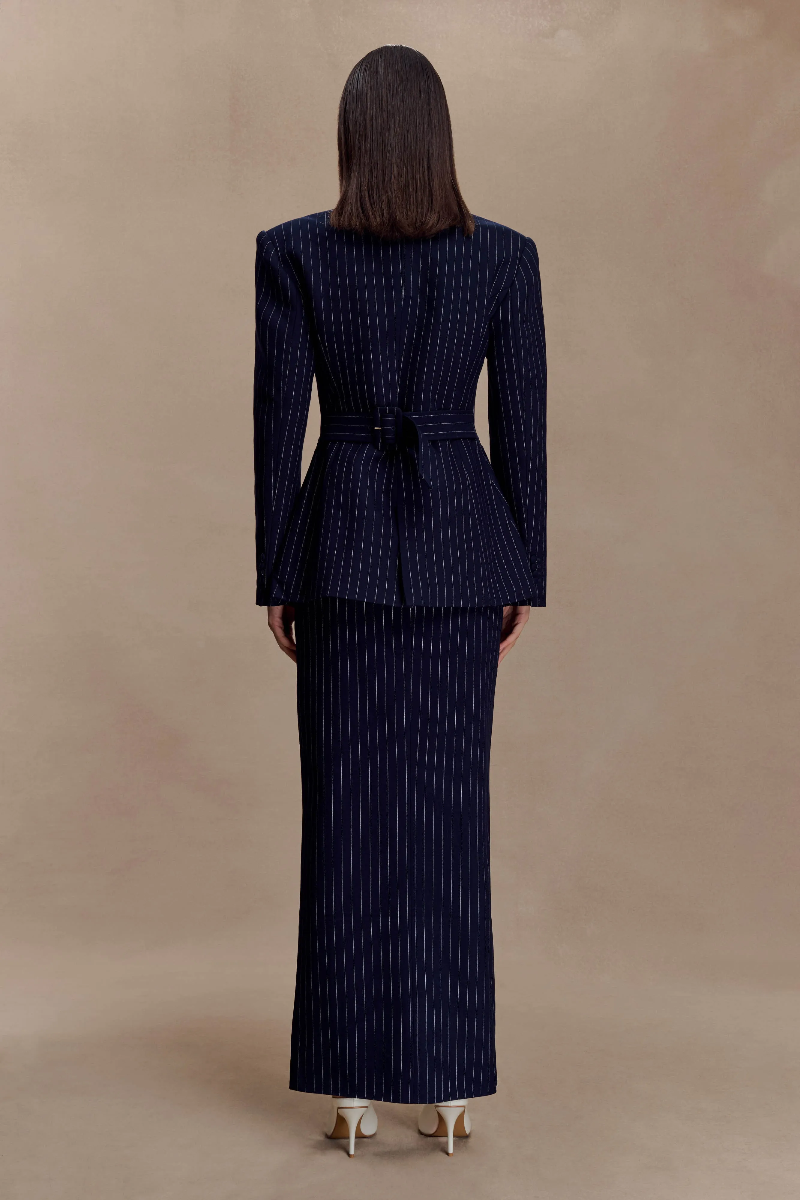 Cassie Column Maxi Skirt - Navy Pinstripe Cooling Fabric