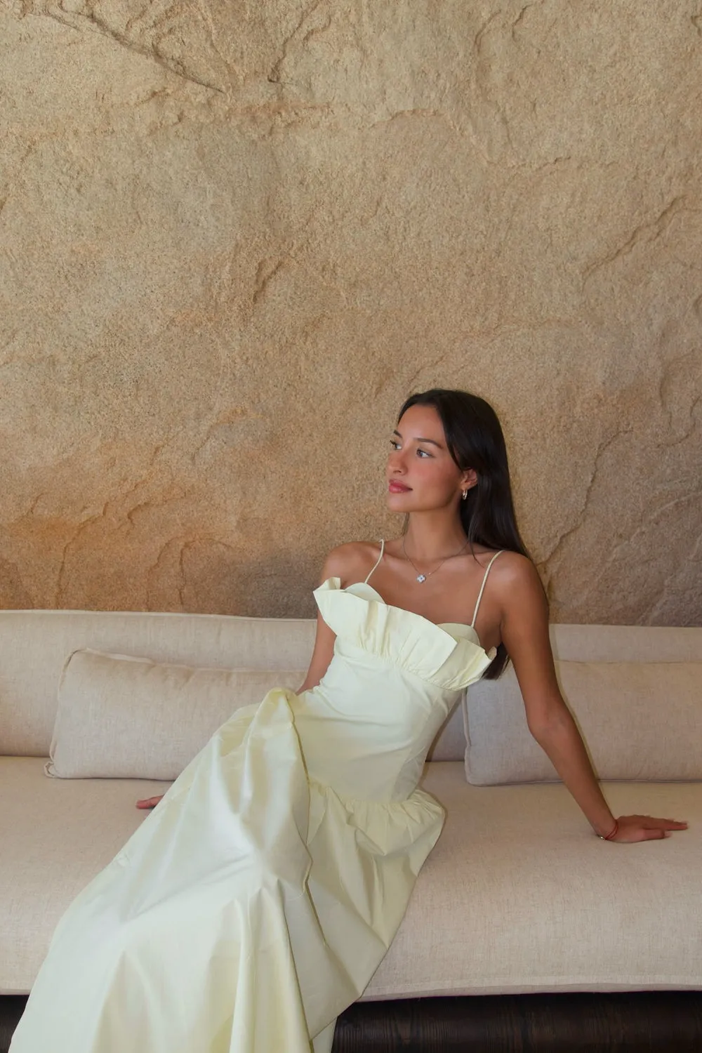 Ruffle-Detail Sleek Presence Janis Cotton Frill Maxi Dress - Lemon