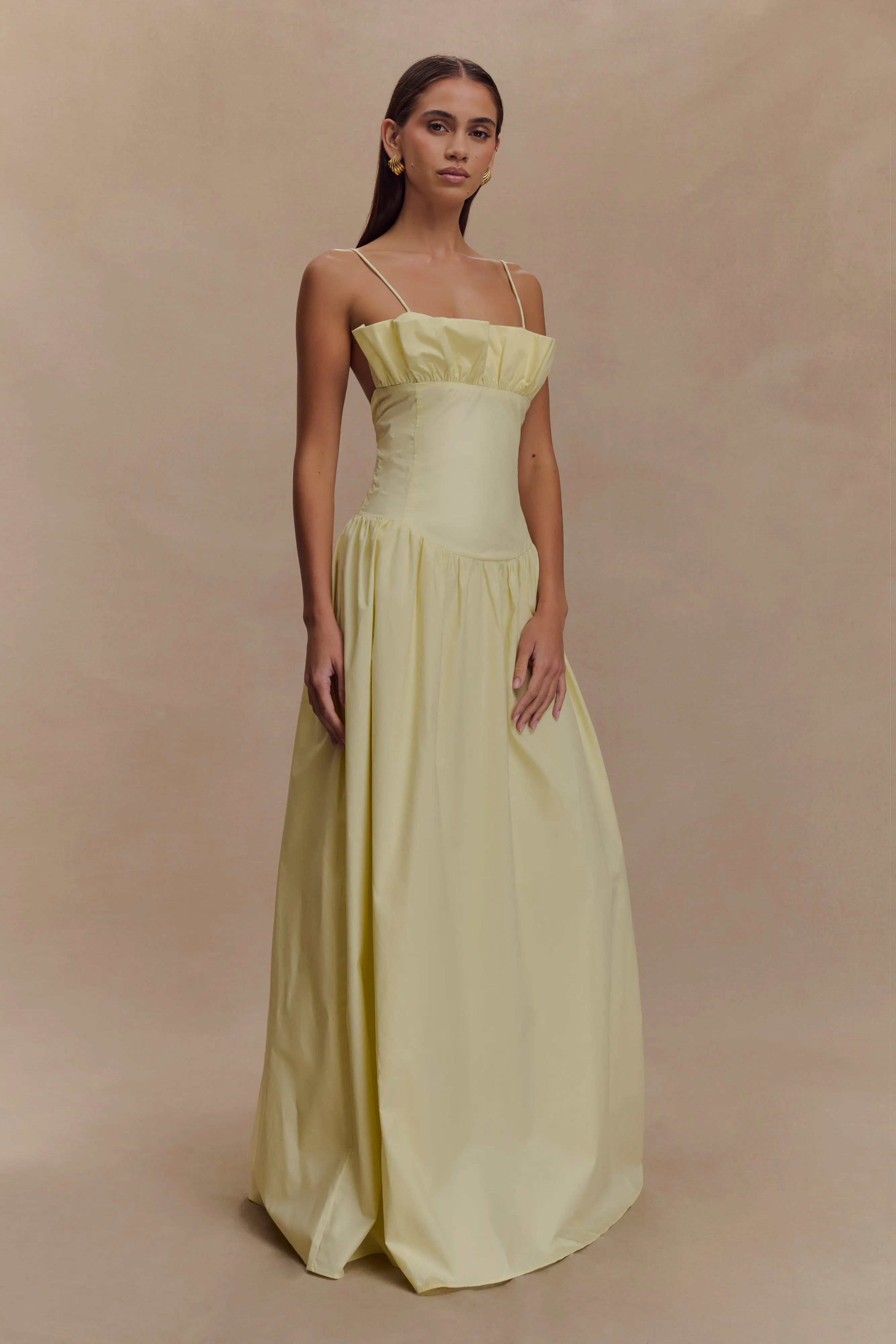 Janis Cotton Frill Maxi Dress - Lemon Neutral Base