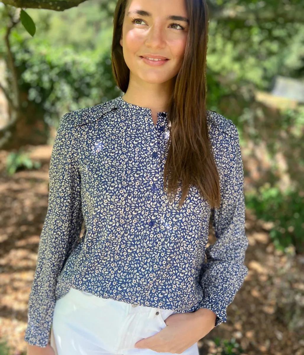 Navy Floral Print Popover Blouse AdjustableWaistband Stream Fit