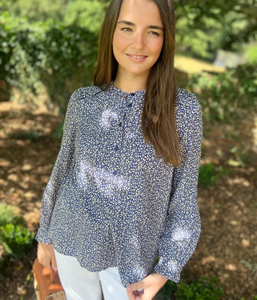 Picnic Fun Navy Floral Print Popover Blouse