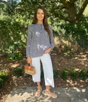 Navy Floral Print Popover Blouse Lightweight Jacket