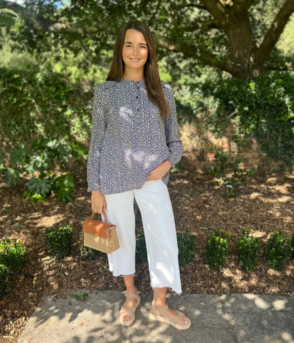 Navy Floral Print Popover Blouse Lightweight Jacket