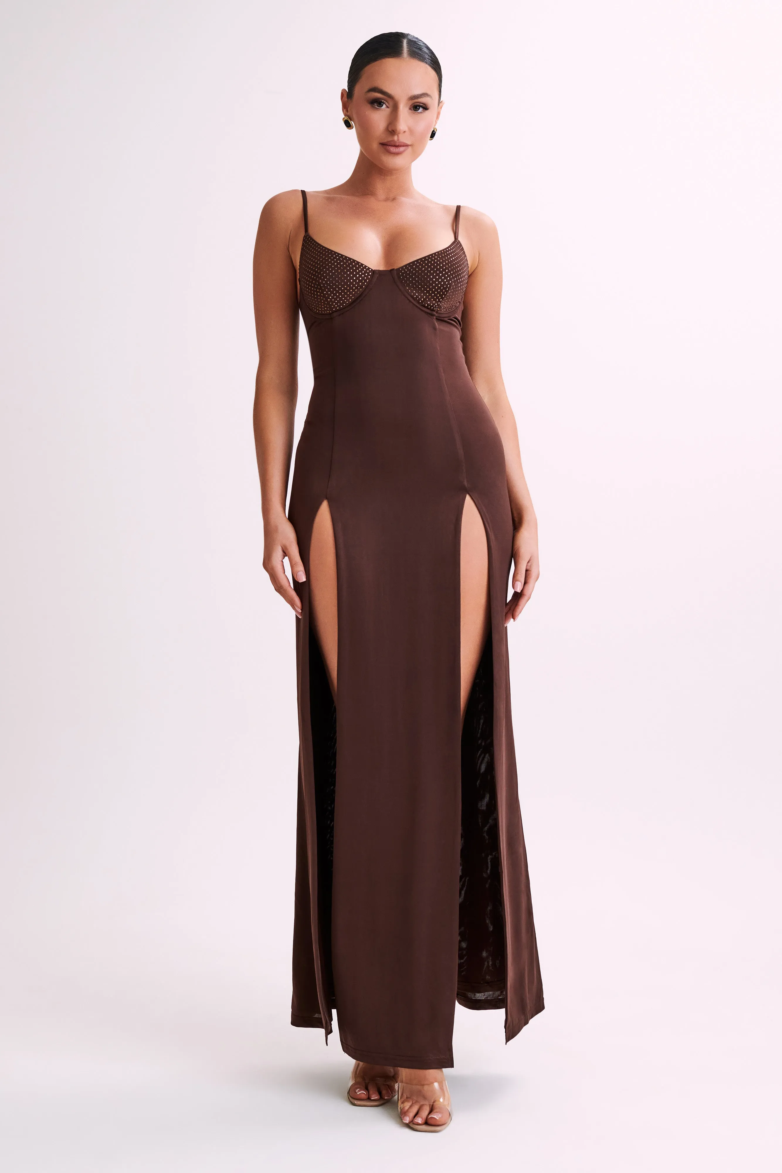 Layered Volume Jojo Jersey Split Maxi Dress With Diamante - Chocolate