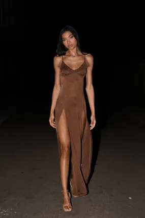 Walkable Flow Jojo Jersey Split Maxi Dress With Diamante - Chocolate