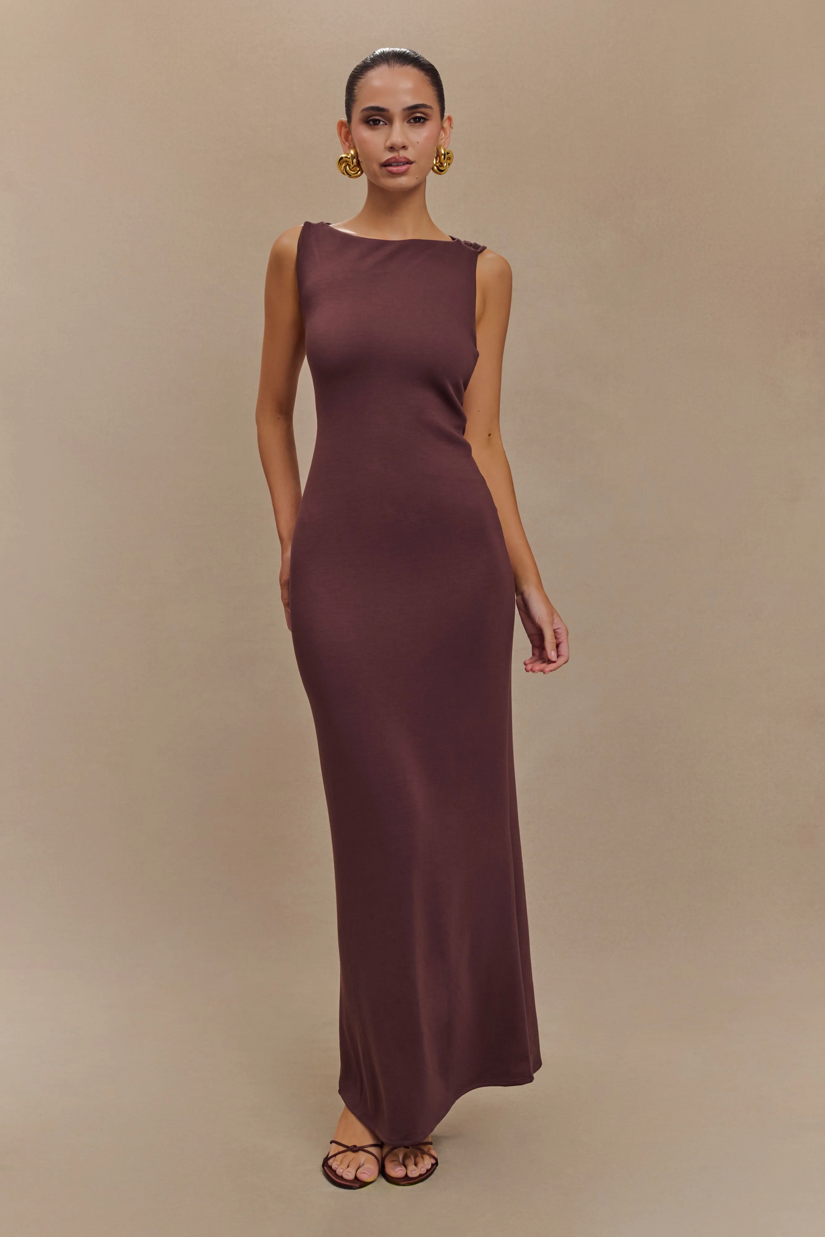Versatile Comfort Photo Glow Catelyn Asymmetrical Scuba Jersey Midi Dress - Cacao Brown