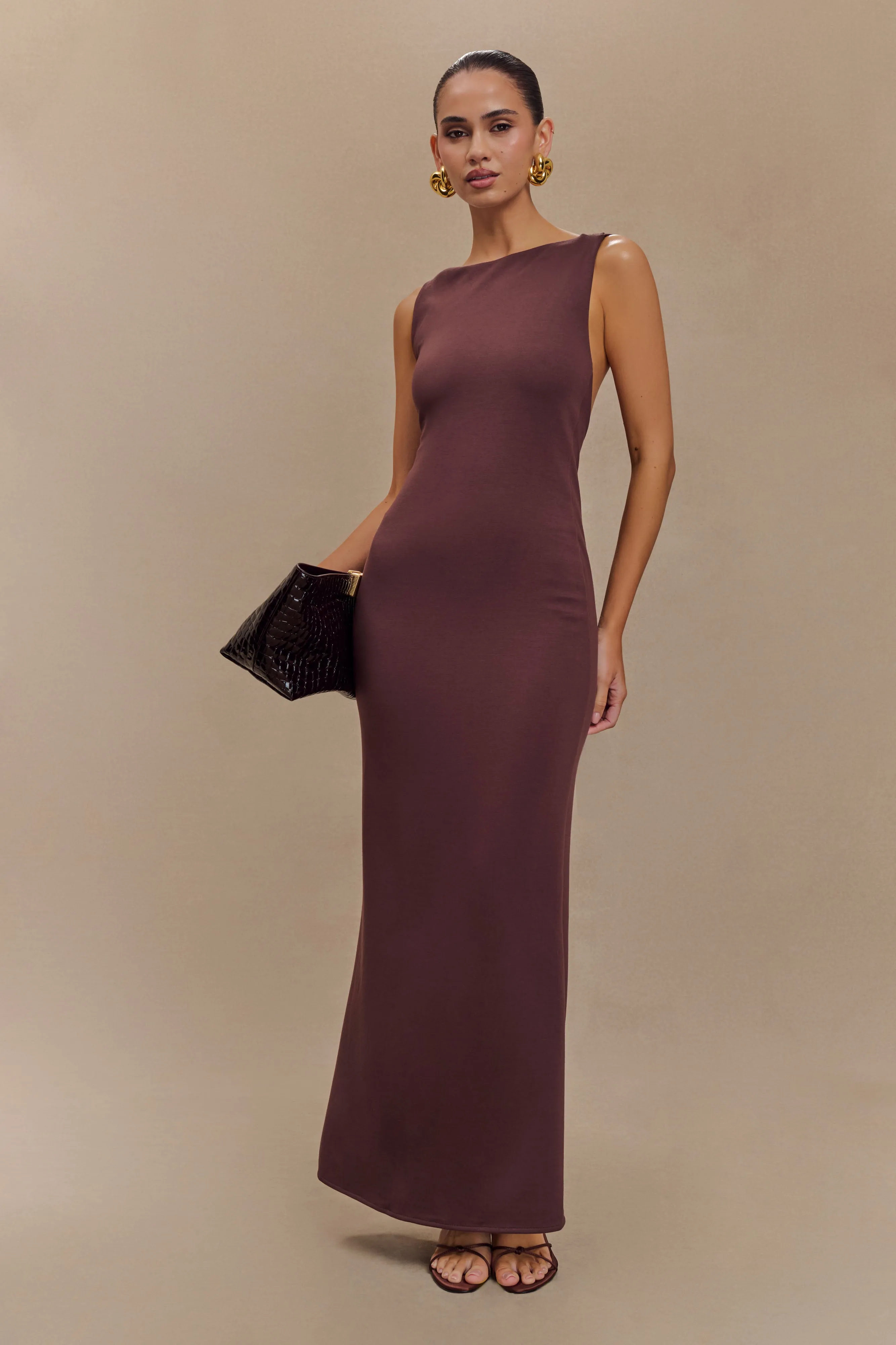 Exclusive-Design Bright Feel Catelyn Asymmetrical Scuba Jersey Midi Dress - Cacao Brown