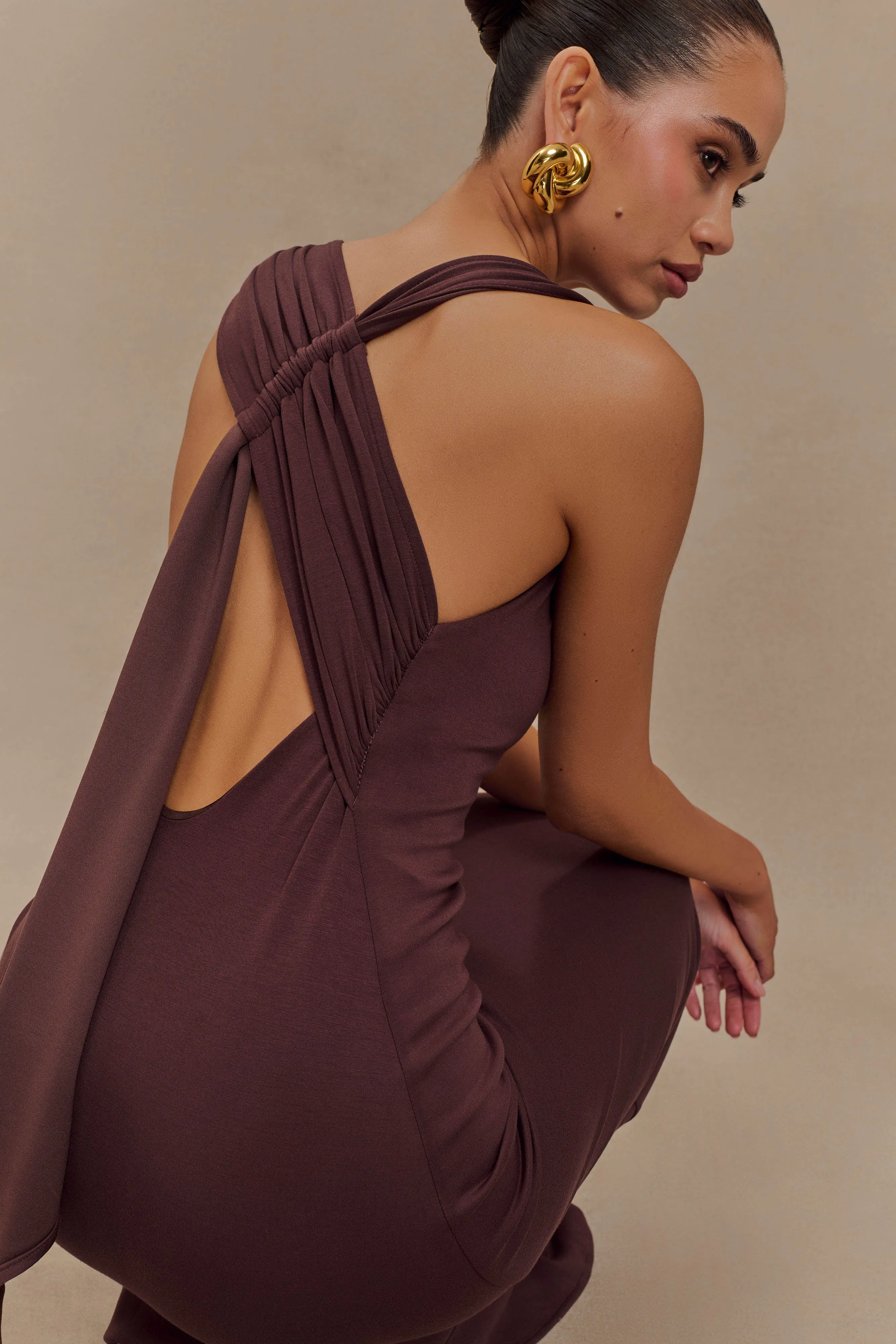 Catelyn Asymmetrical Scuba Jersey Midi Dress - Cacao Brown Pose Sweet