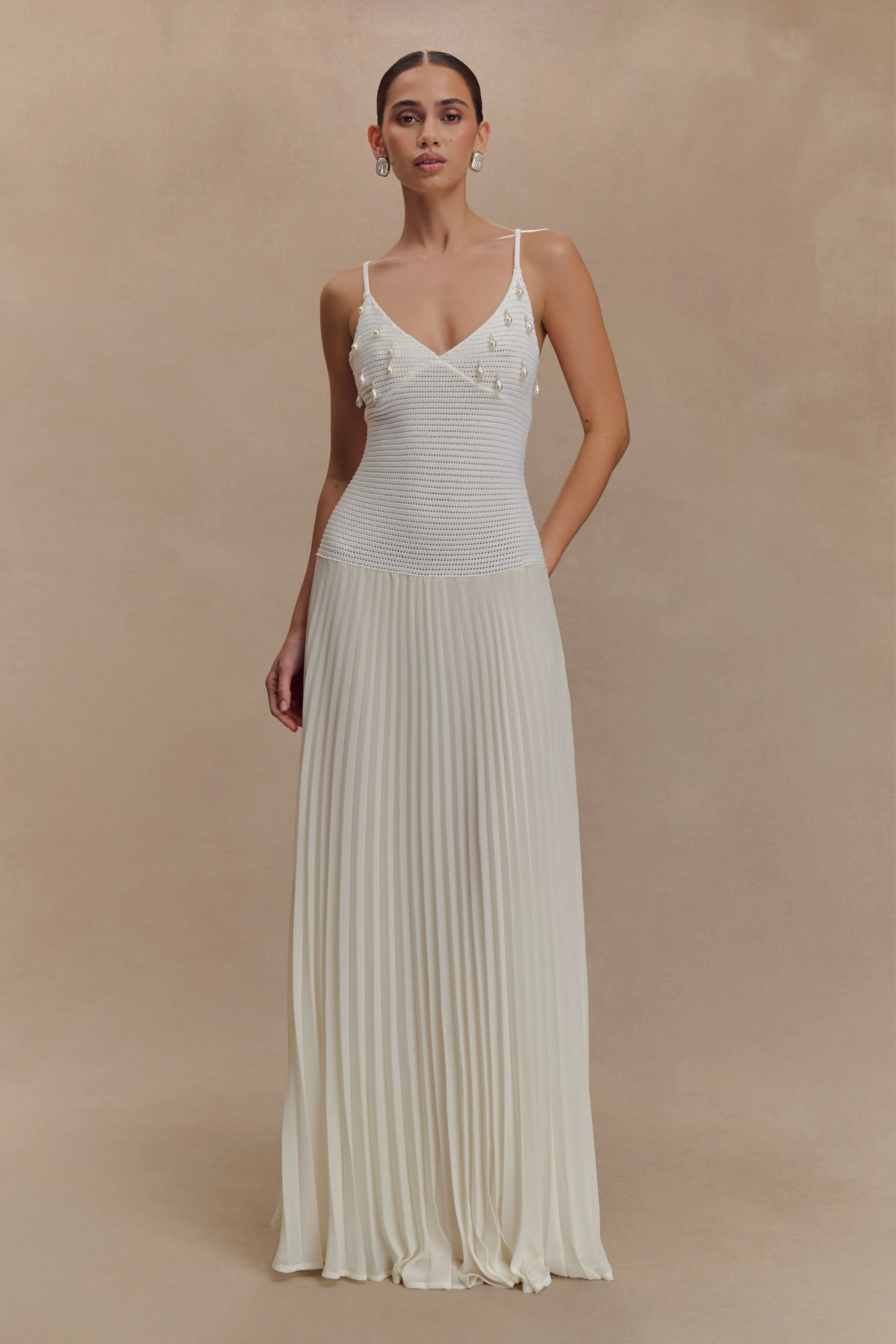 Breathable Comfort Wear Spring-Season Catherine Crochet Pearl Maxi Dress - White