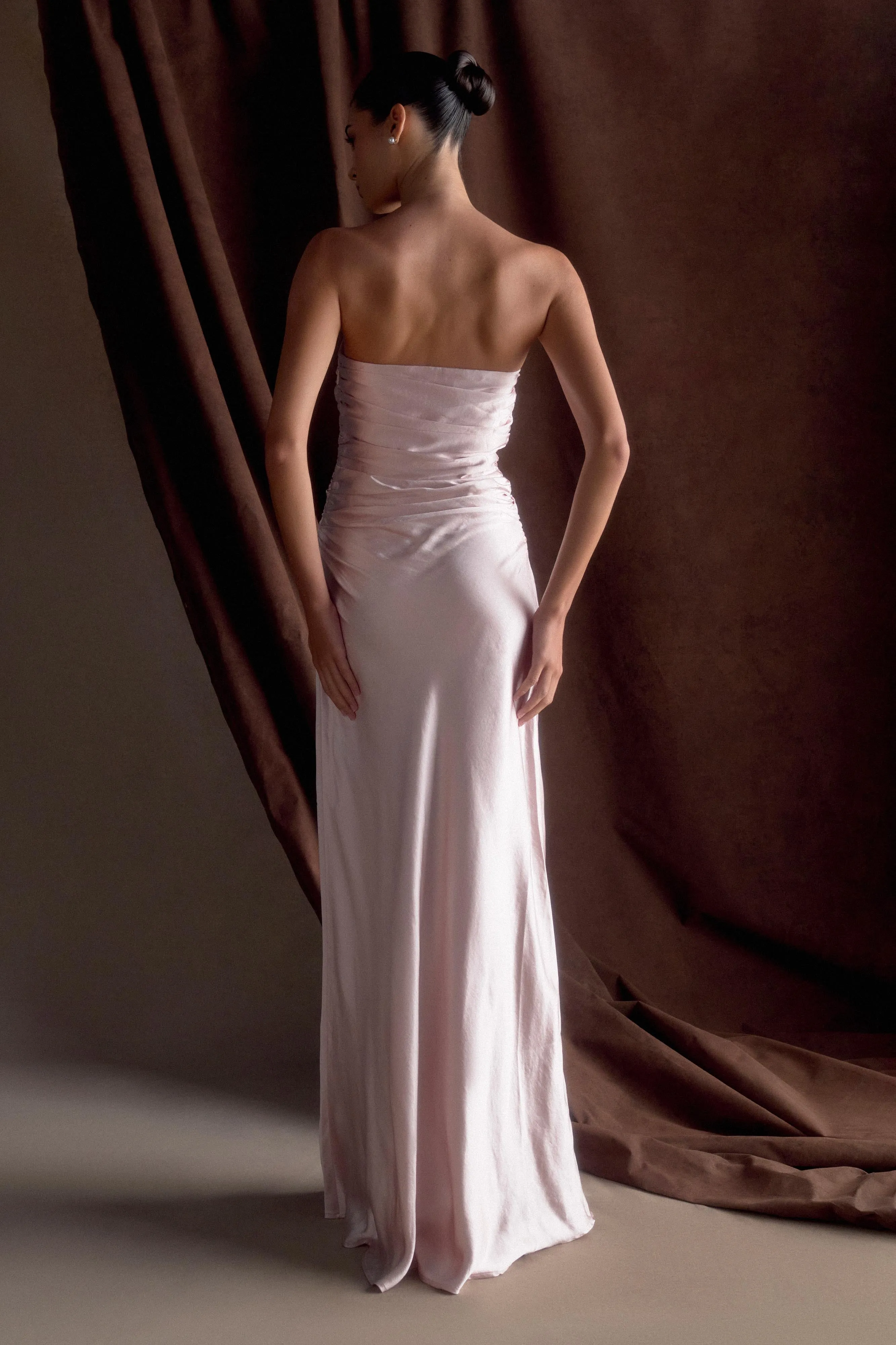 Understated Glam Street Motion Cedar Strapless Satin Maxi Dress - Soft Pink