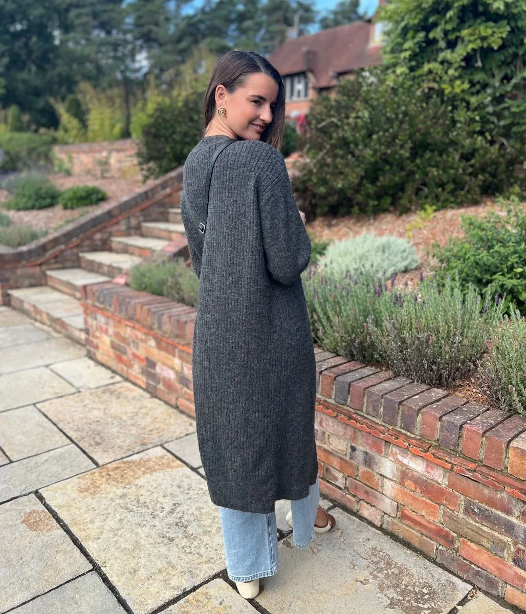 Charcoal Ribbed Edge to Edge Longline Cardigan Cozy Layers