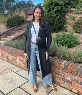 Double Layered Collars Basic Layering Charcoal Ribbed Edge to Edge Longline Cardigan