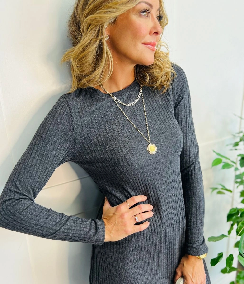 Crisp Texture Charcoal Ribbed Jersey Dress