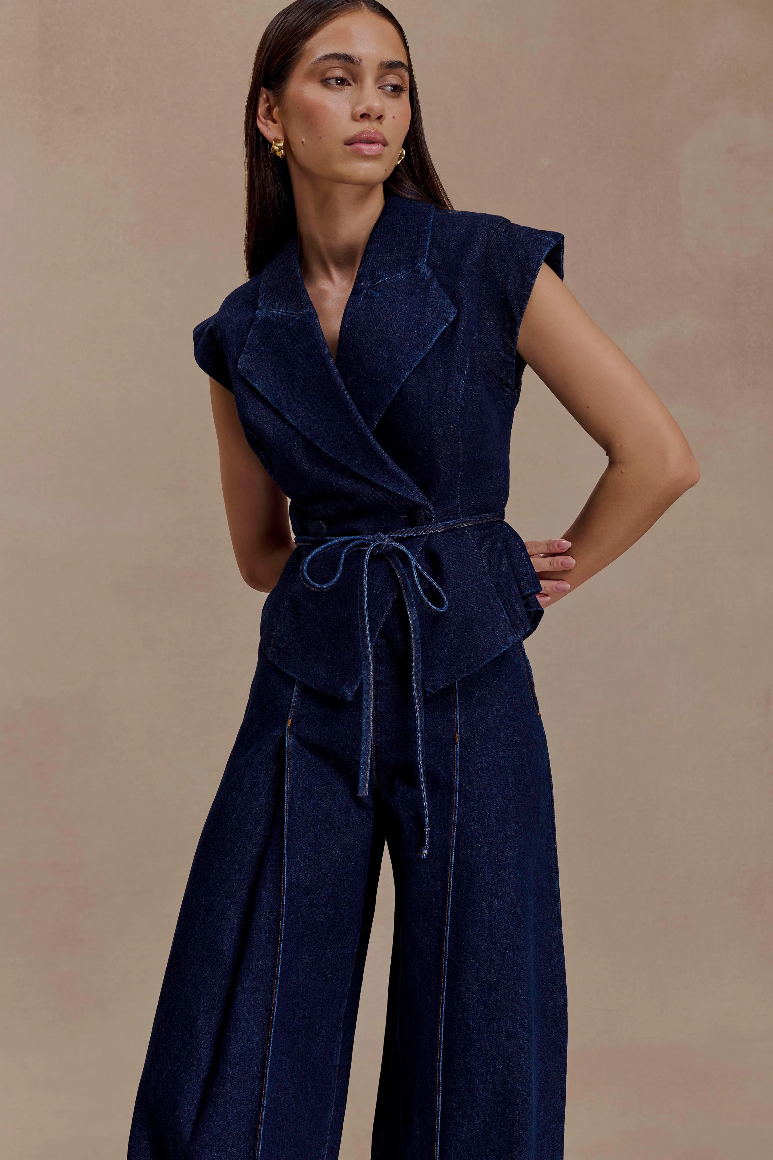 Silicone Print Detail ThermalRegulating Fabric Charley Structured Tie Denim Top - Indigo Blue