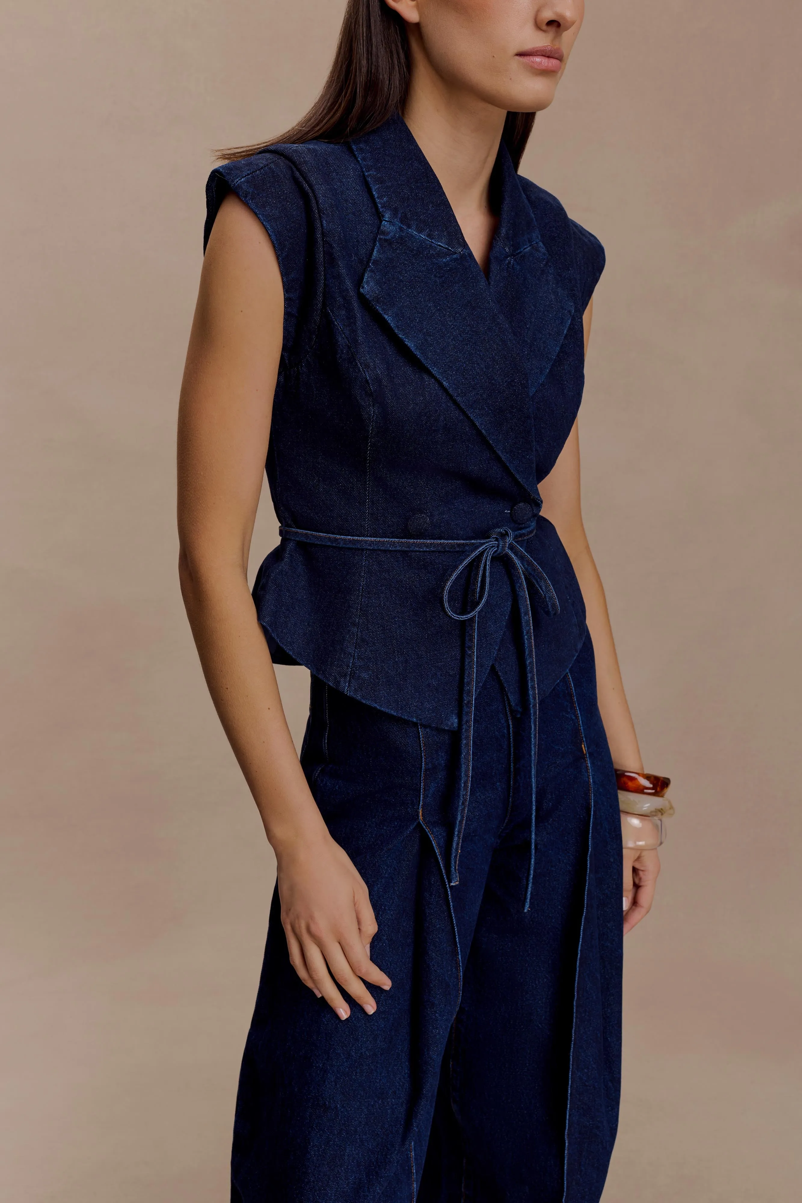 Charley Structured Tie Denim Top - Indigo Blue NonRestrictive Armholes Loose Tee