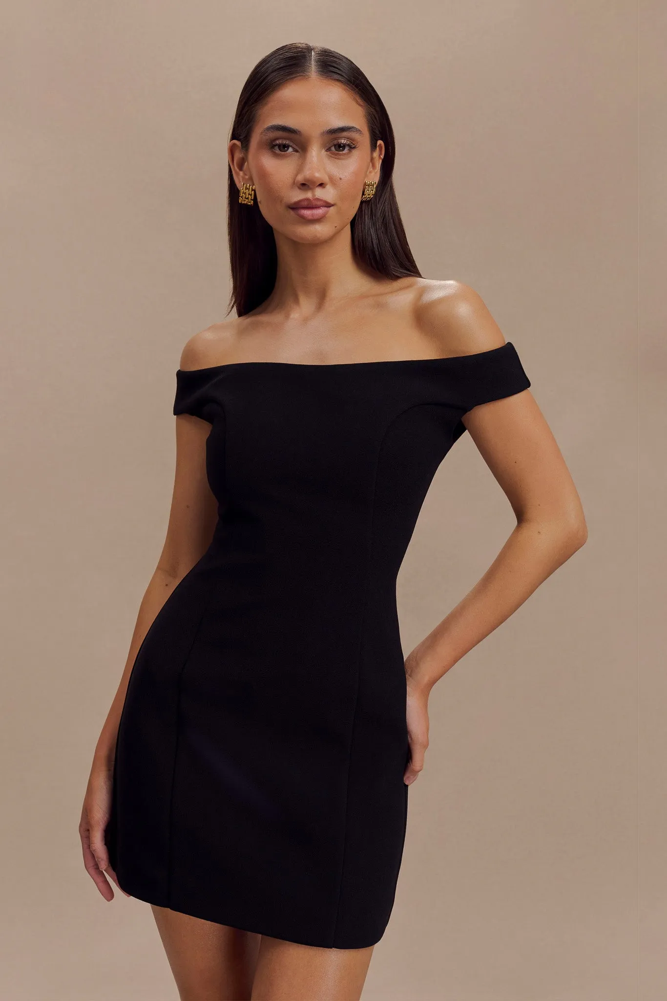 Cassidy Crepe Off Shoulder Mini Dress - Black Contemporary Fit Wrinkle-Resistant