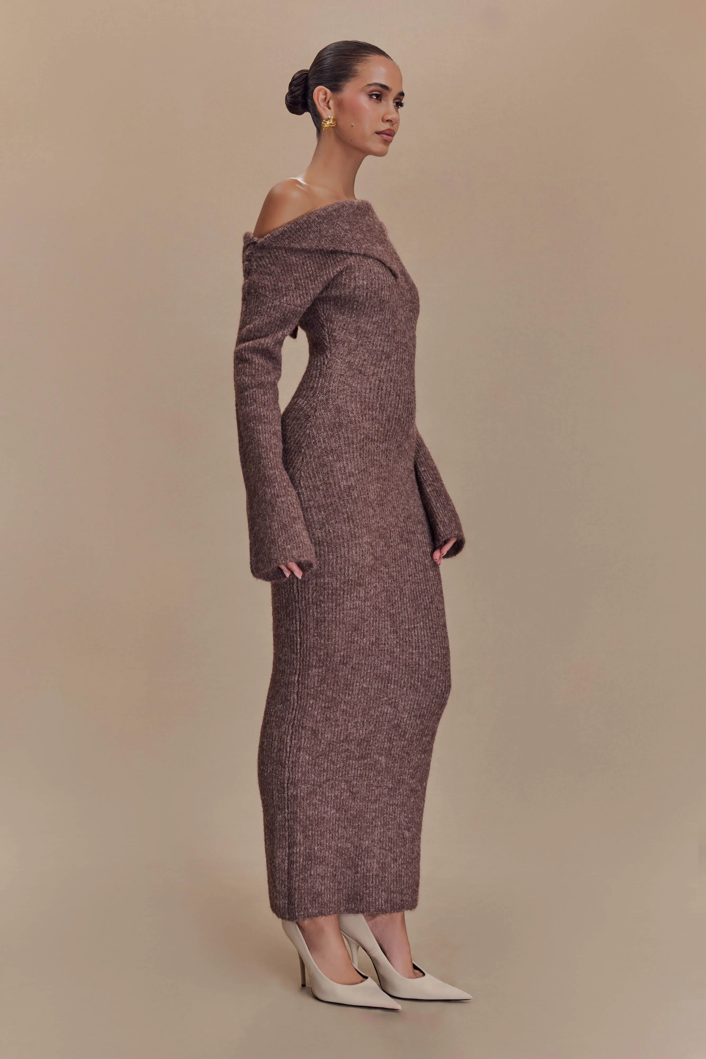 Sage Detail All-season Magenta One Shoulder Fluffy Knit Midi Dress - Pecan
