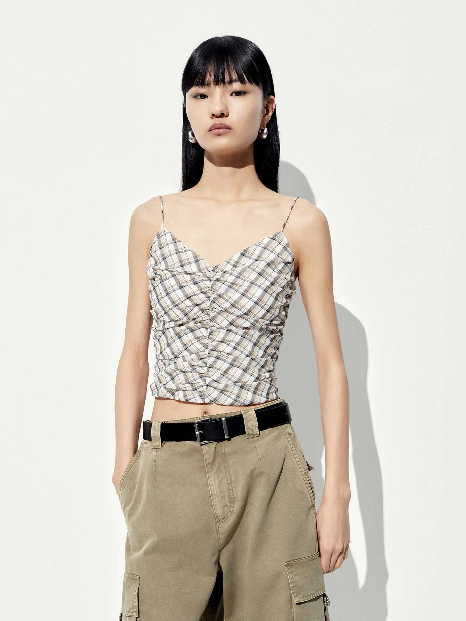 EcoFriendly Manufacturing Checked V-neck Cami Top