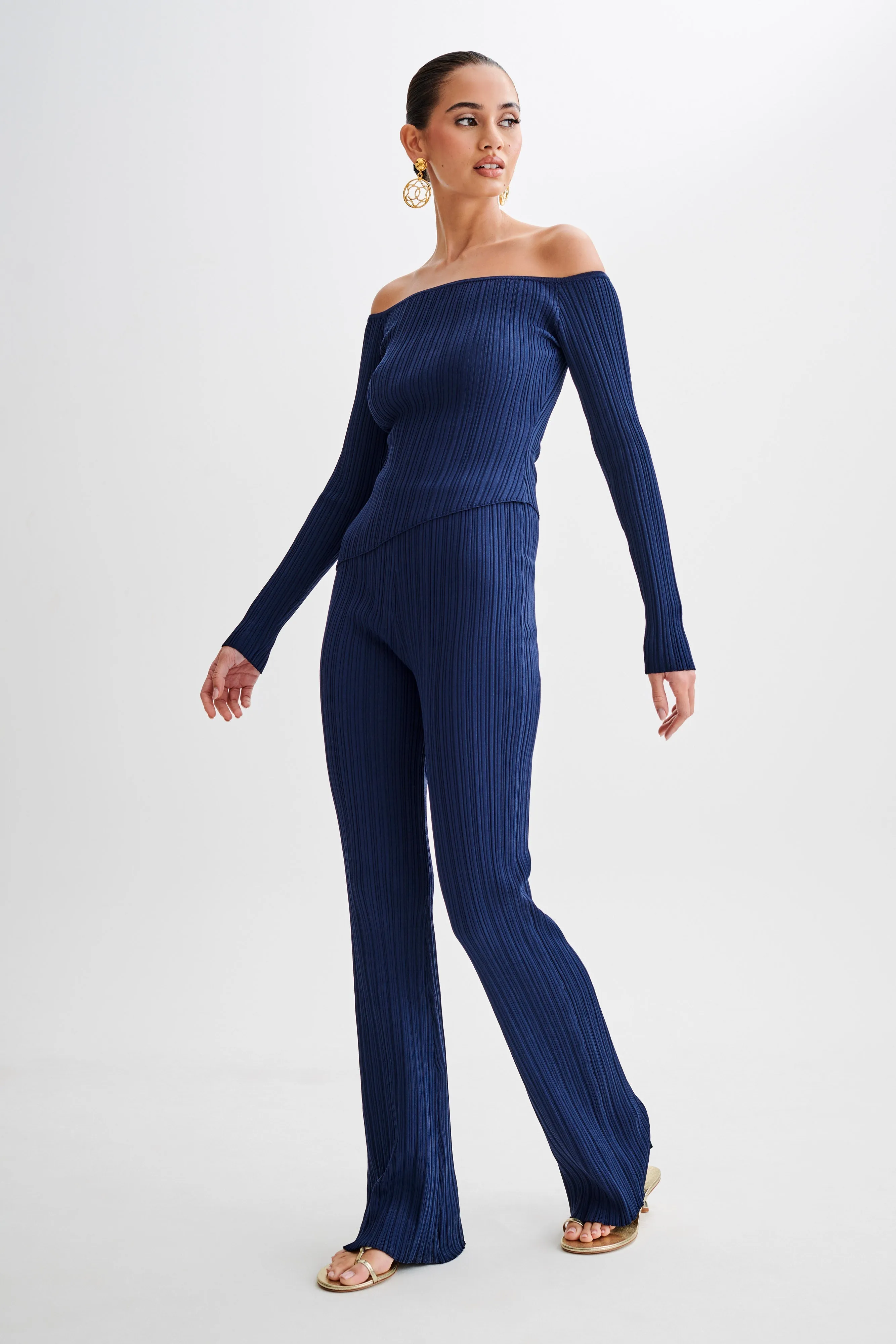 Chiara Off Shoulder Rib Knit Top - Navy TearResistant Blends NaturalFiberBlend