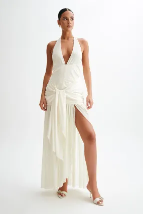 Graziana Satin Chiffon Plunge Maxi Dress - Ivory Soft Mesh