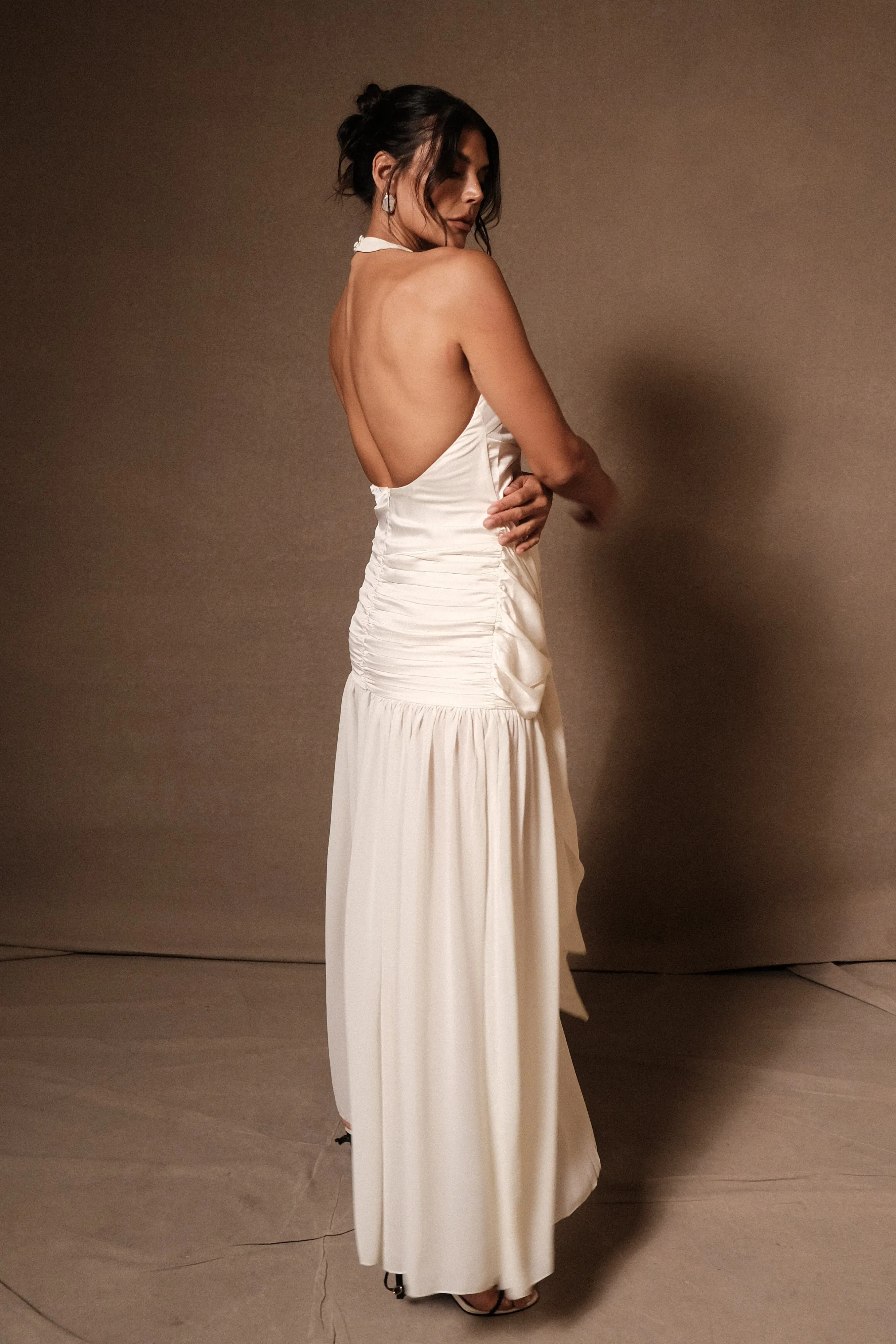 Graziana Satin Chiffon Plunge Maxi Dress - Ivory Contemporary Vibe