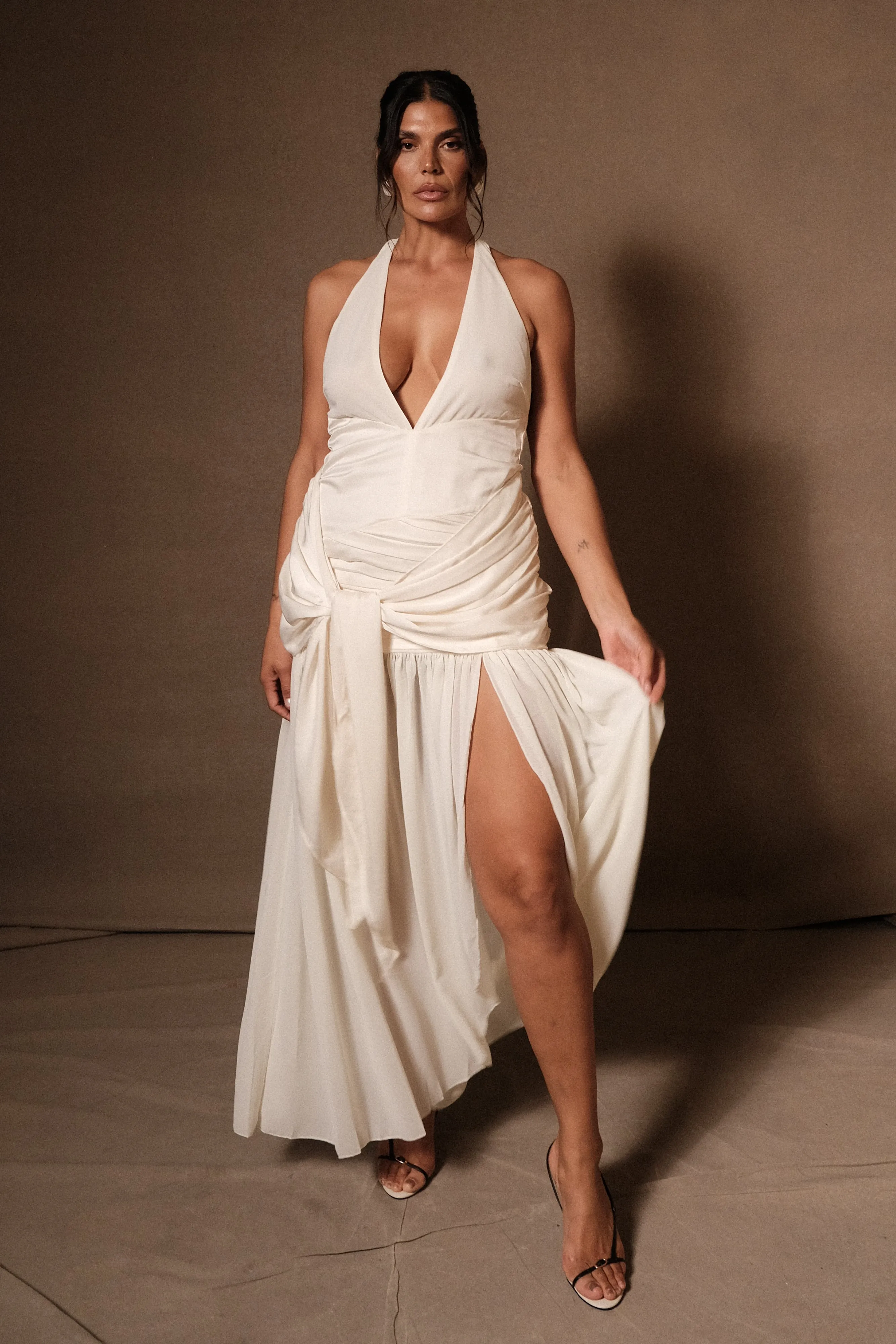 Graziana Satin Chiffon Plunge Maxi Dress - Ivory Timeless Vibe Peace Glow