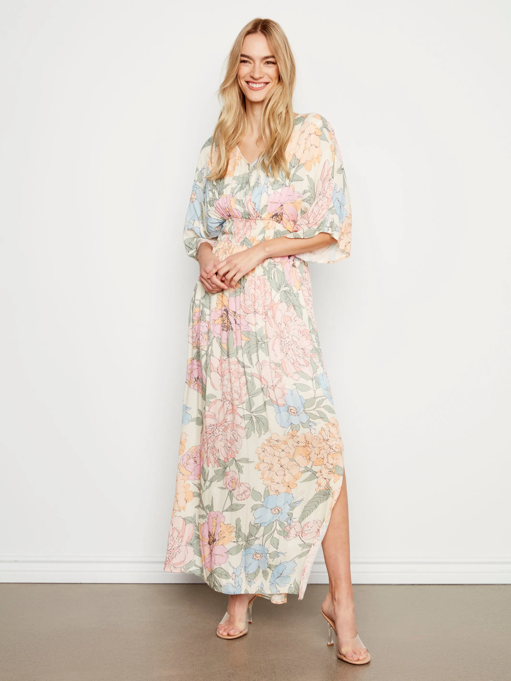 Printed Dolman Sleeve Maxi Dress with Side Slits - Dahlia Inner lining