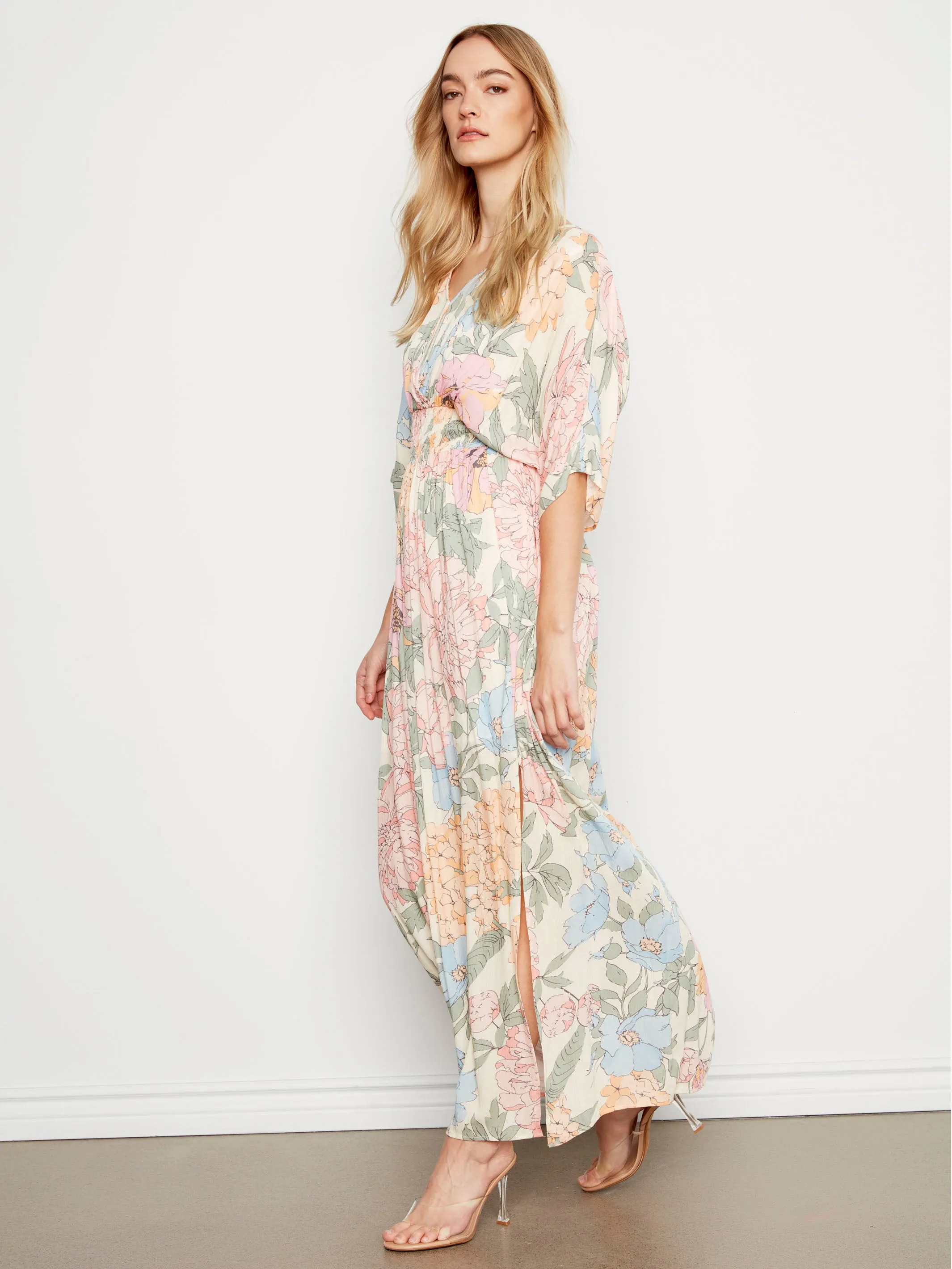 Printed Dolman Sleeve Maxi Dress with Side Slits - Dahlia Satin-Sleeve