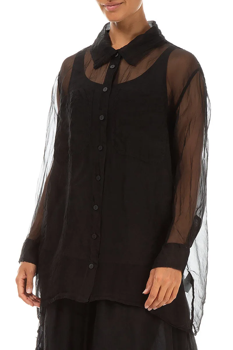 Pocket Detailing Black Silk Chiffon Shirt