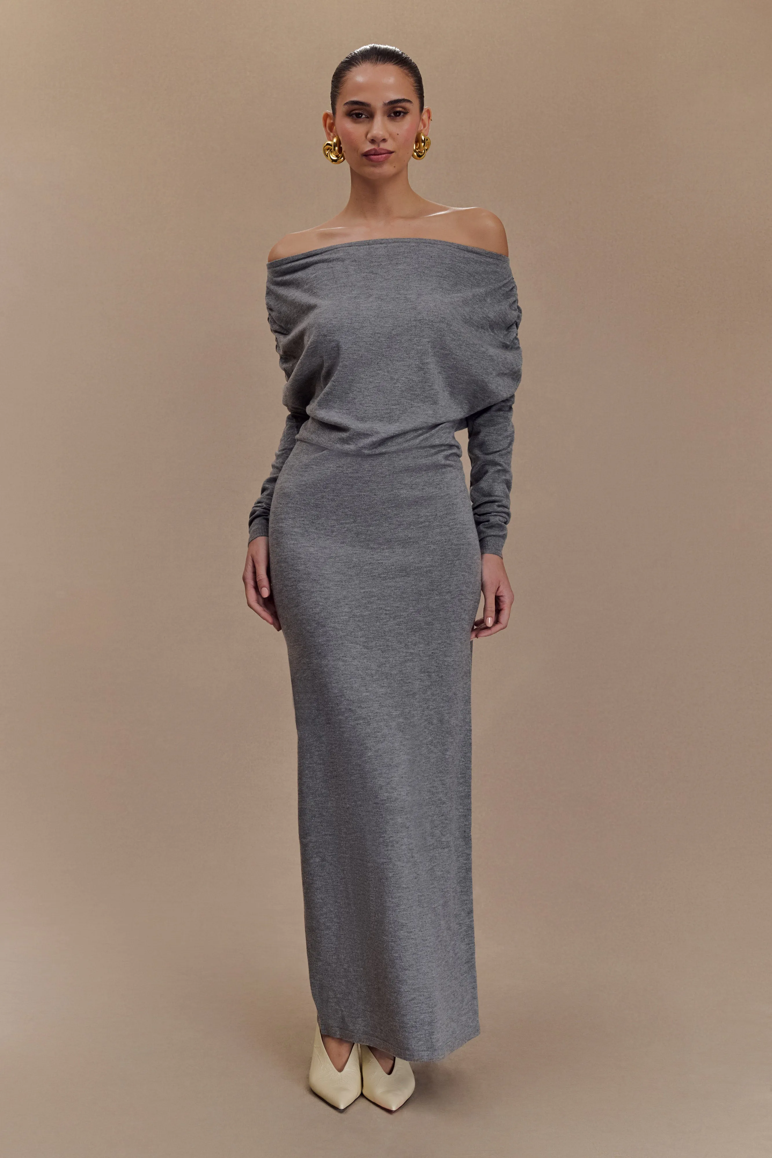 Jessie Cowl Neck Knit Midi Dress - Charcoal Marle Piped-Edge