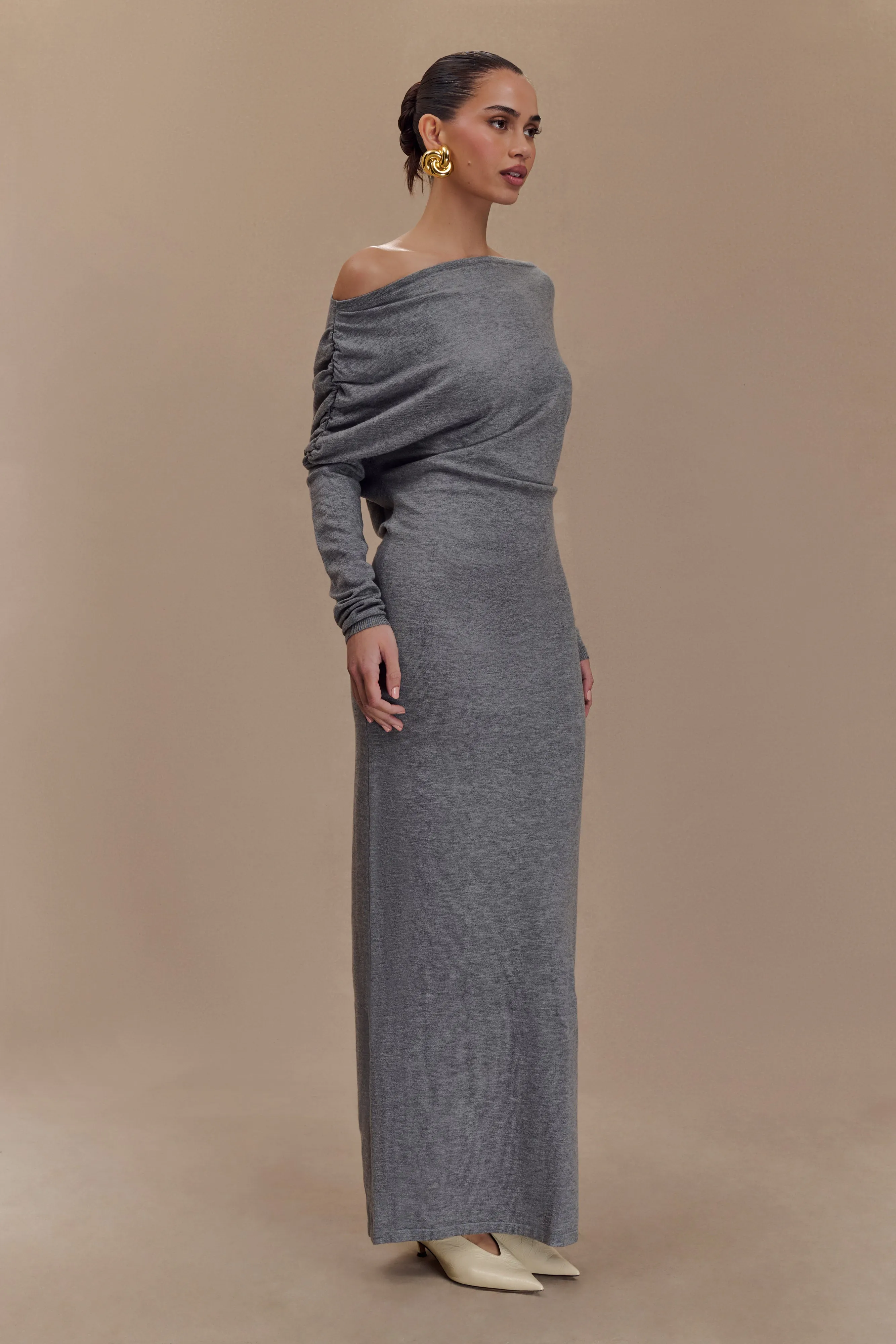 Jessie Cowl Neck Knit Midi Dress - Charcoal Marle Soft and Relaxed