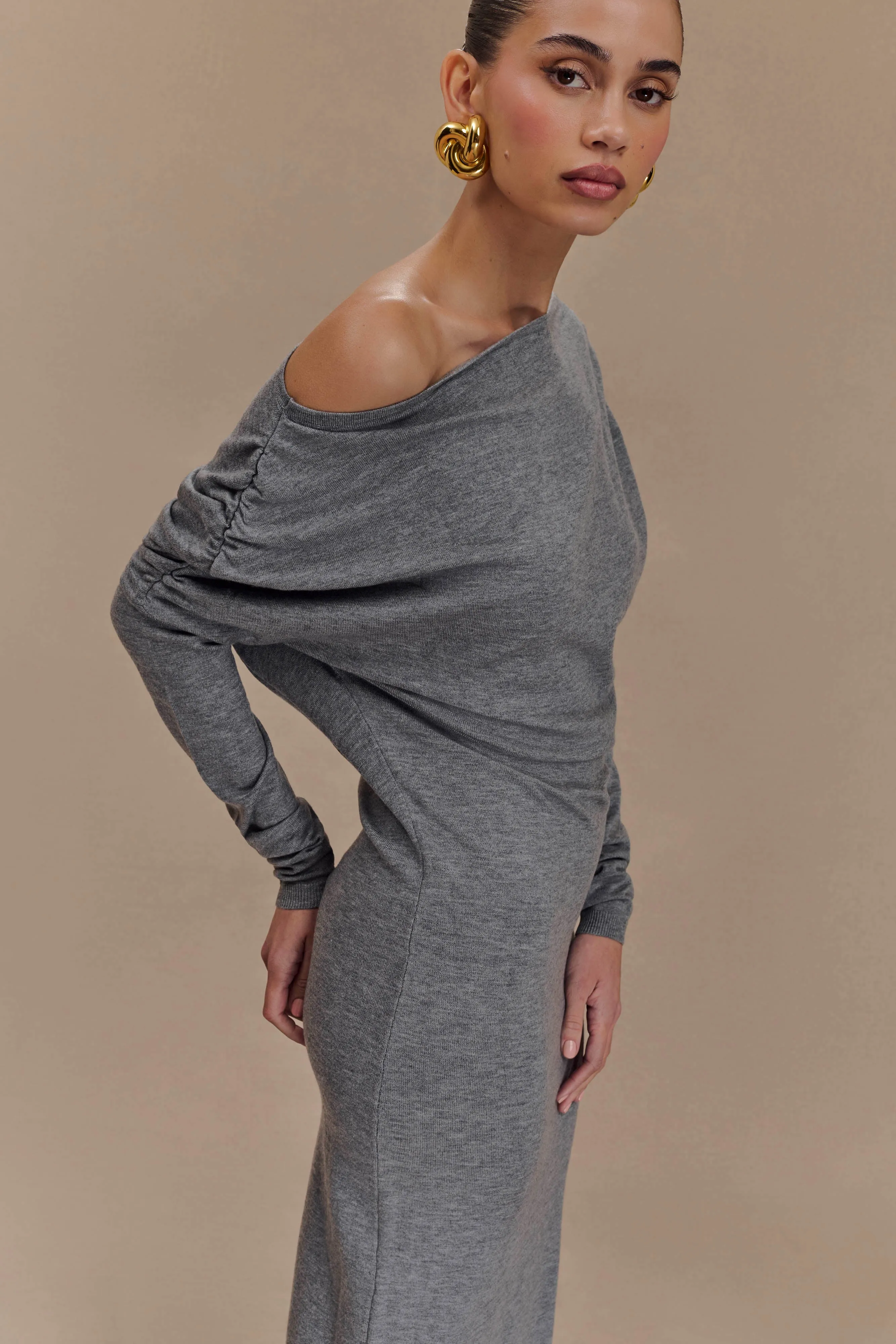 Studio Style Playful-Detail Jessie Cowl Neck Knit Midi Dress - Charcoal Marle