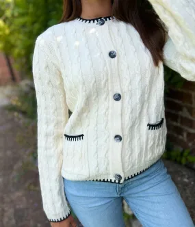 Textured Cable Knit Whipstitch Cardigan Hypoallergenic Wool Mix Sleek Wear