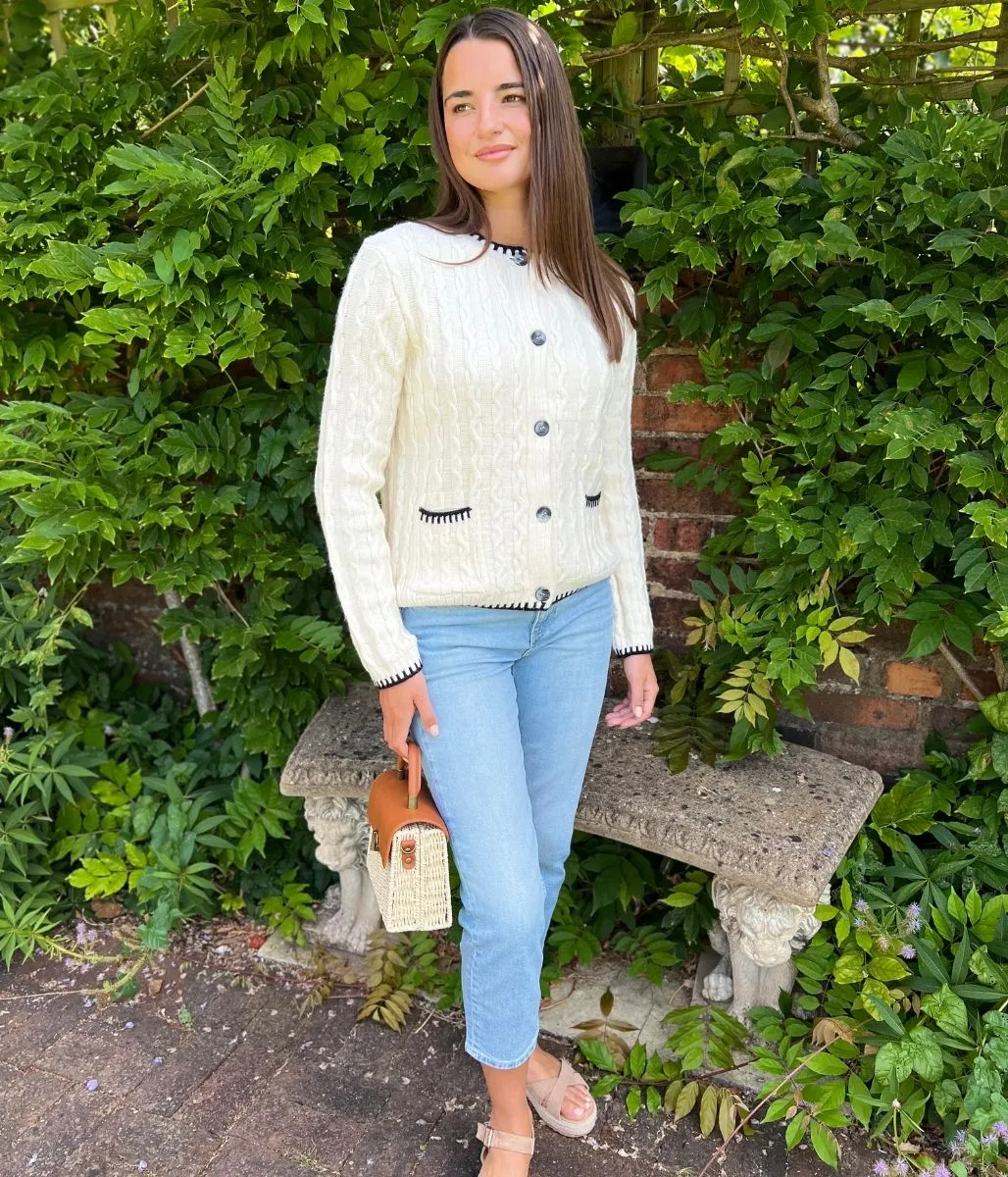 Textured Cable Knit Whipstitch Cardigan Classic Crew Neck