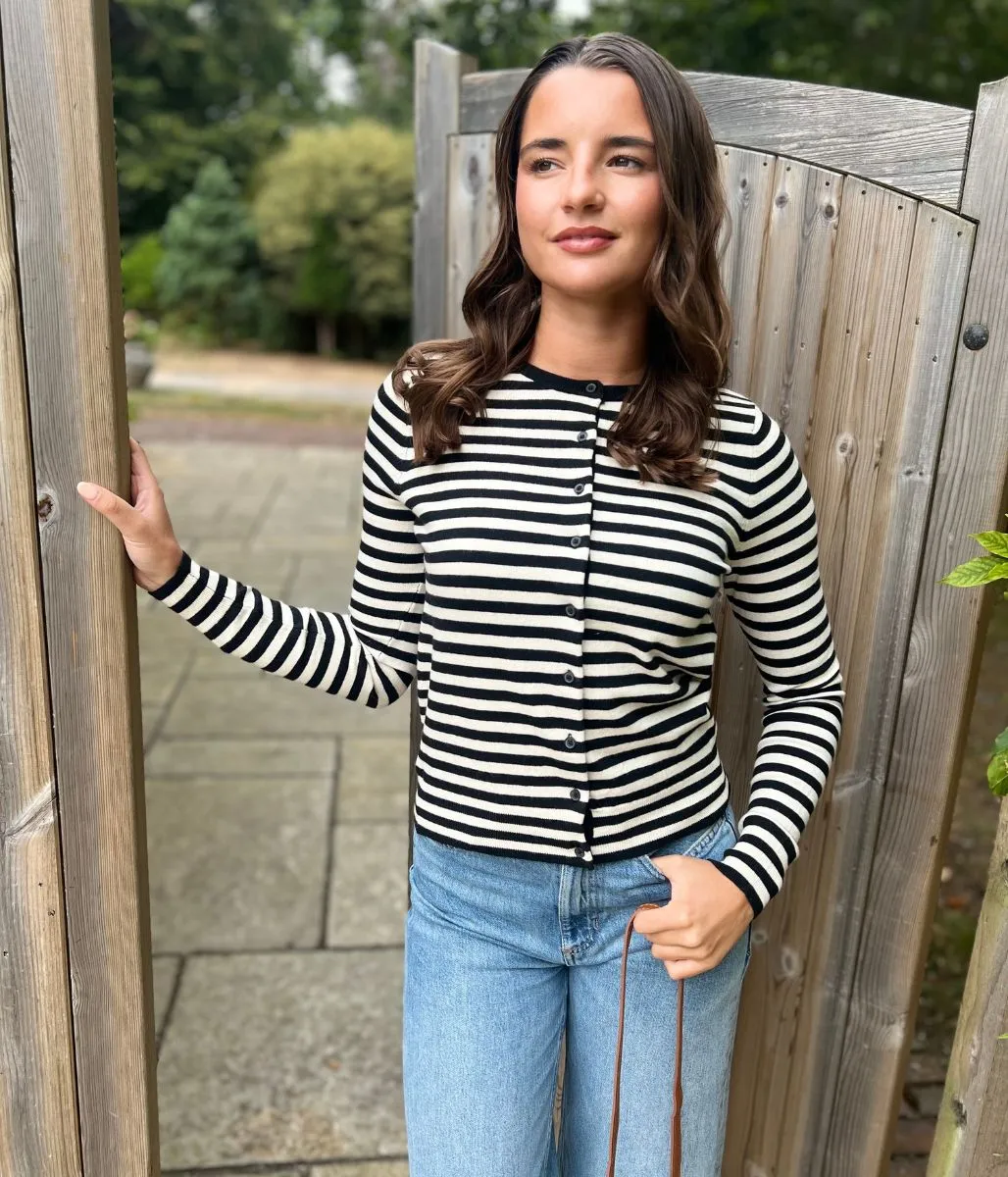Black & White Striped Classic Cardigan Lightweight Comfort Wrinkle Resistant