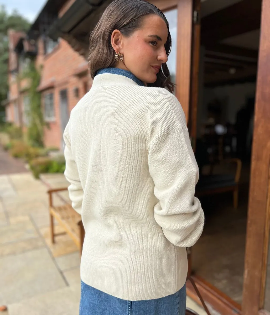 Snug Layer Layering Essential Stylish Edge-to-Edge Ivory Cotton Rich Cardigan