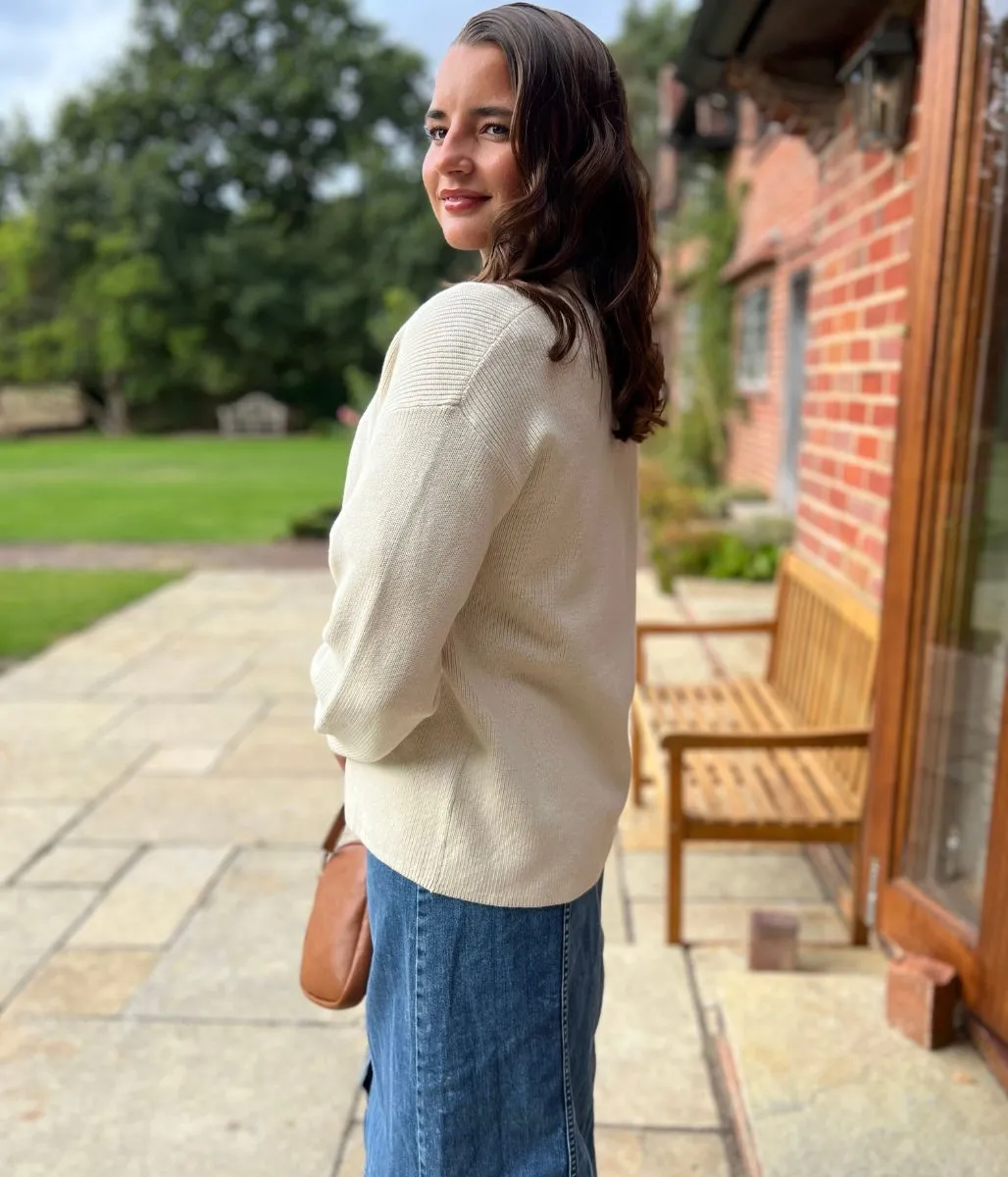 Layer Ready Fit Stylish Edge-to-Edge Ivory Cotton Rich Cardigan