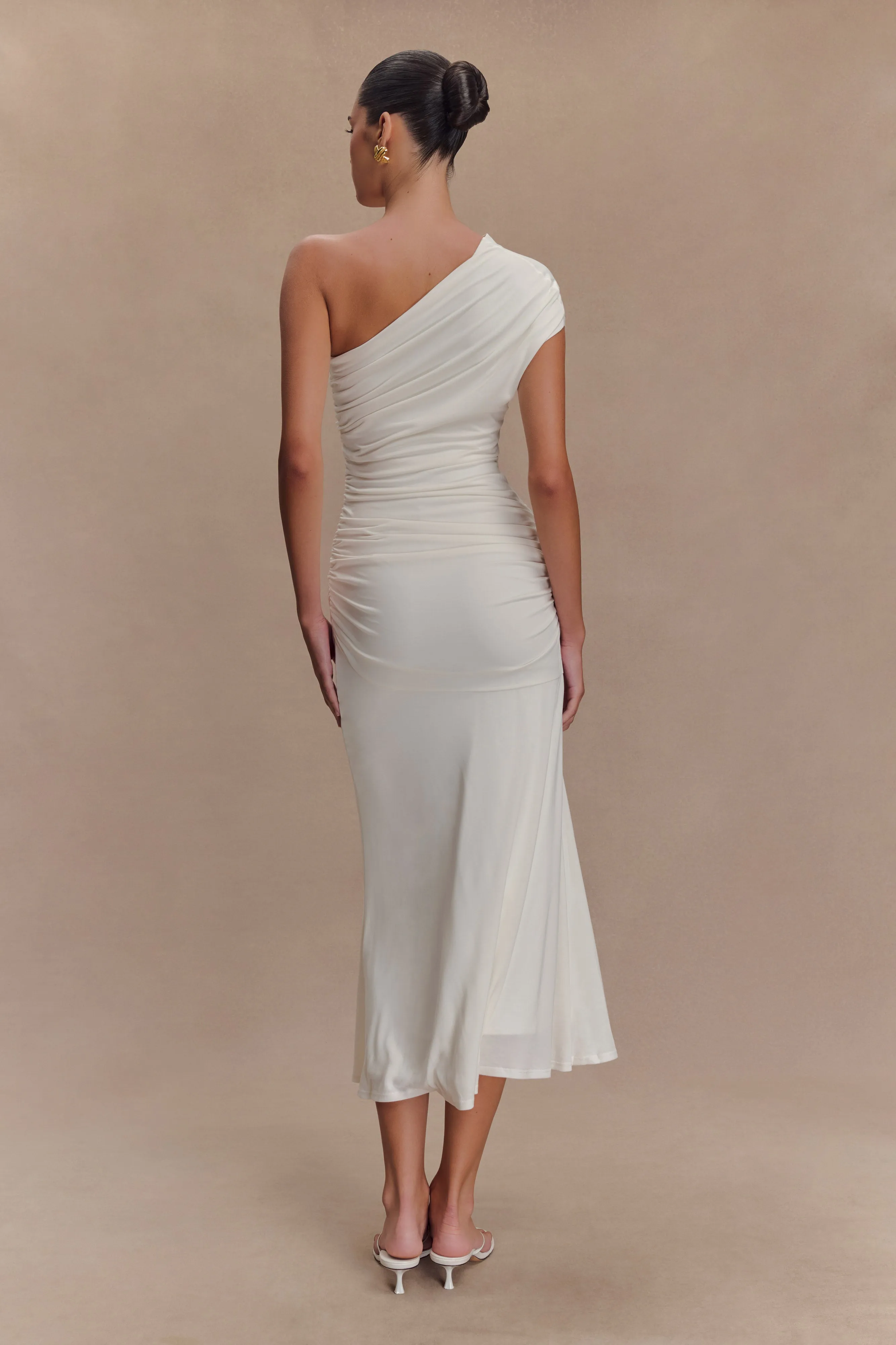 Chloe Peached Jersey One Shoulder Midi Dress - Ivory Quiet Sweet HypoallergenicFiber
